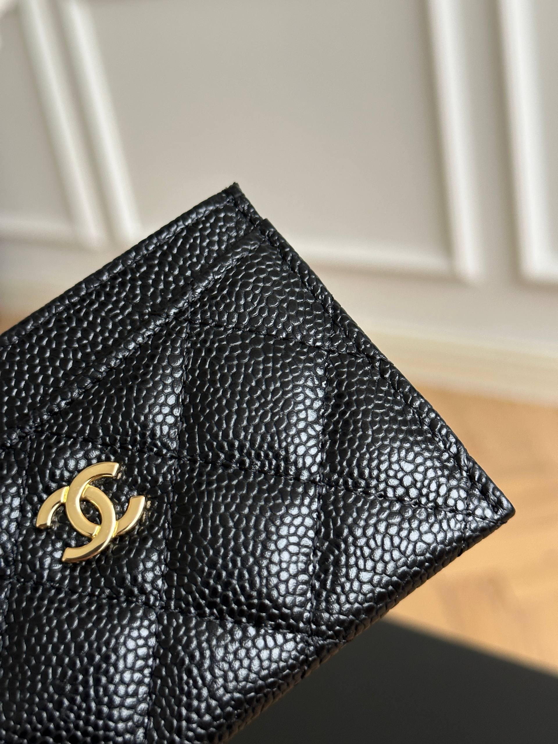 Chanel Black Caviar Quilted Card Holder with Gold CC Logo