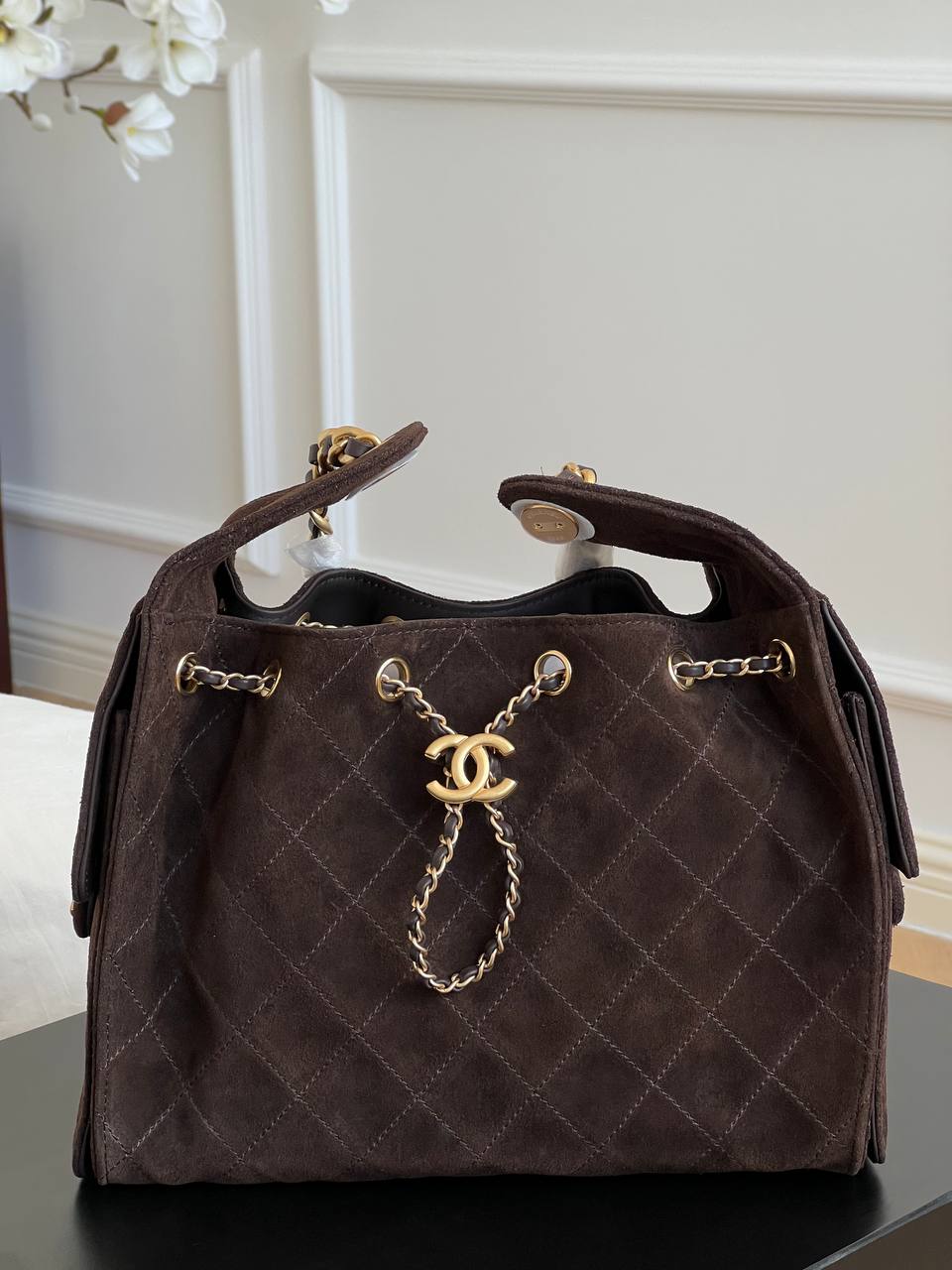 Chanel Dark Brown Suede Diamond-quilted CC Drawstring Tote Chain Bag