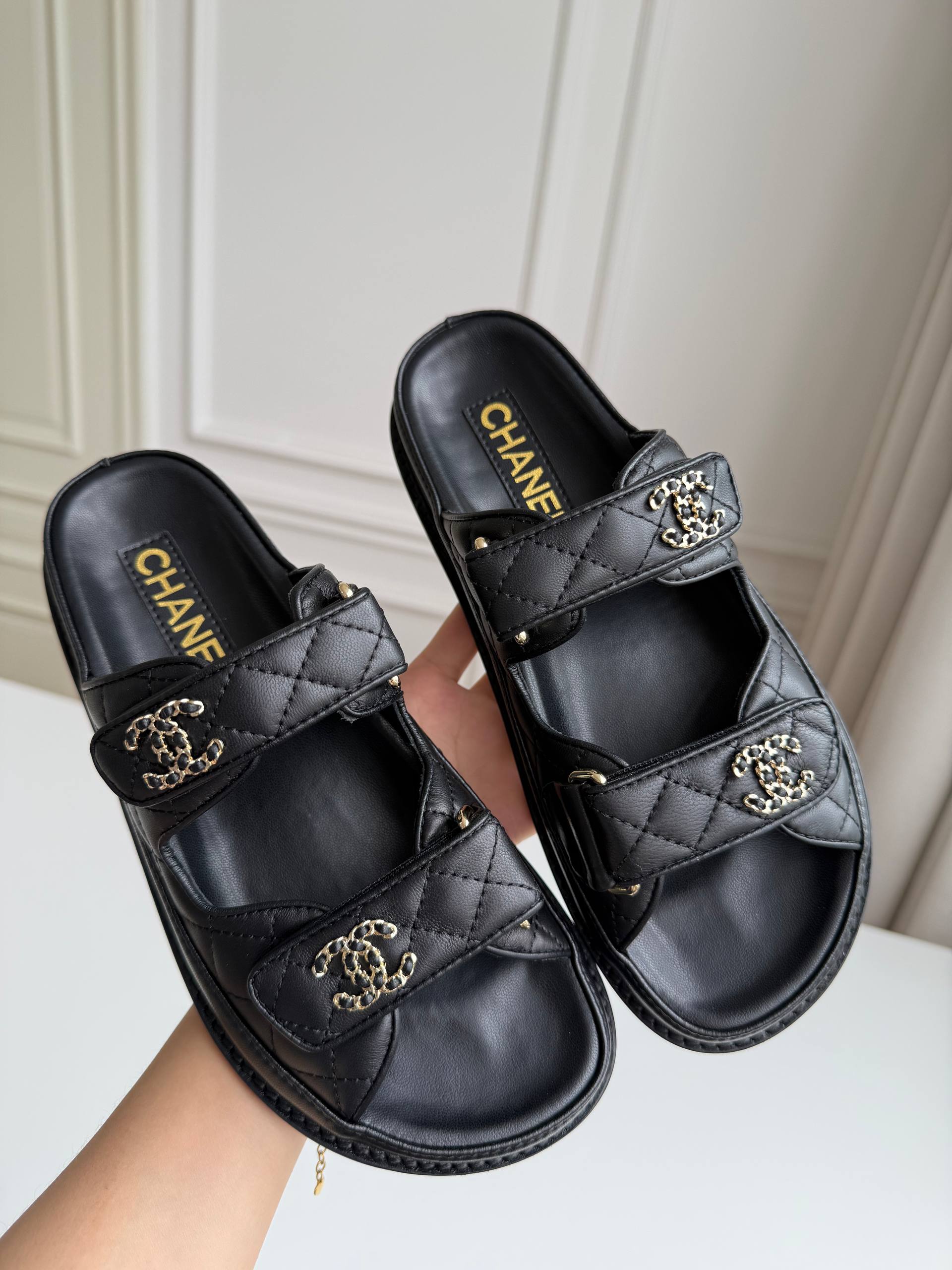 Chanel Quilted Velcro CC Logo Platform Slide Sandals