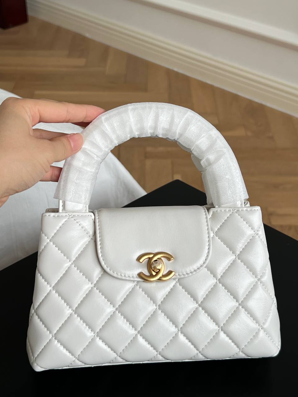 Chanel White Shiny Lambskin Quilted Mini Handbag With Gold CC Turn Lock