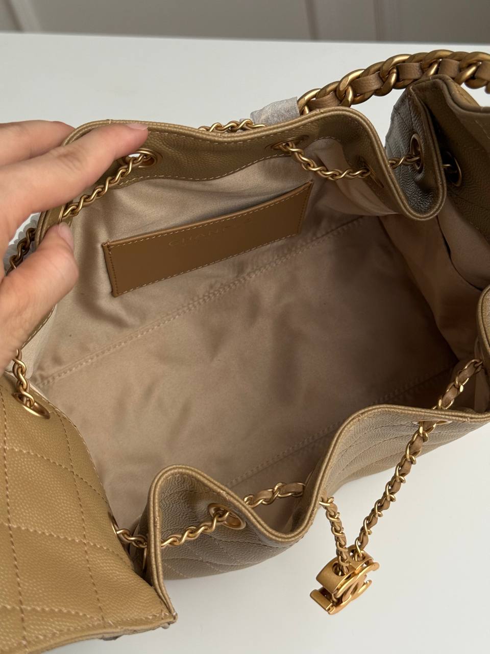 Chanel 25 Caramel Caviar Quilted Drawstring Bucket Bag