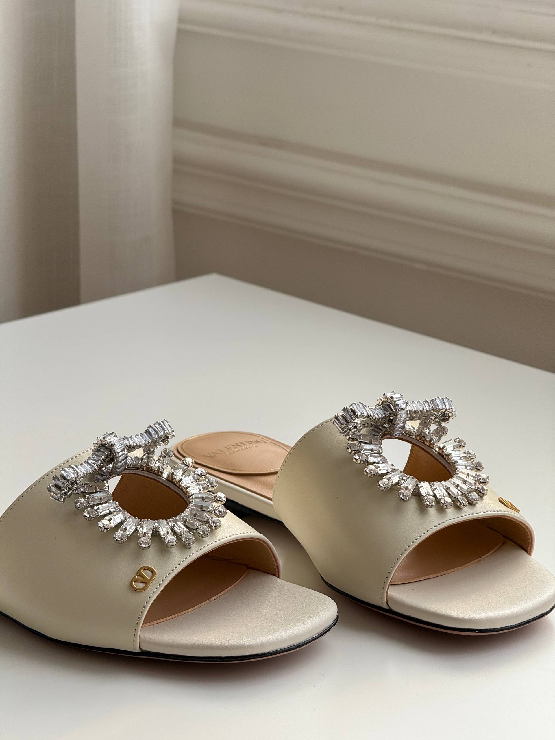 Valentino Crystal Sun Bow Flat Slide Sandals