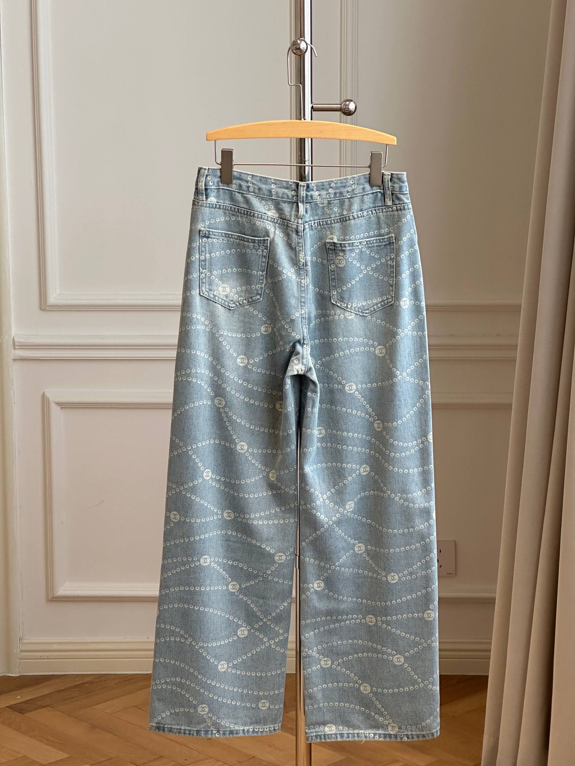 Chanel Pearl Chain CC Logo Printed Wide-Leg Jeans