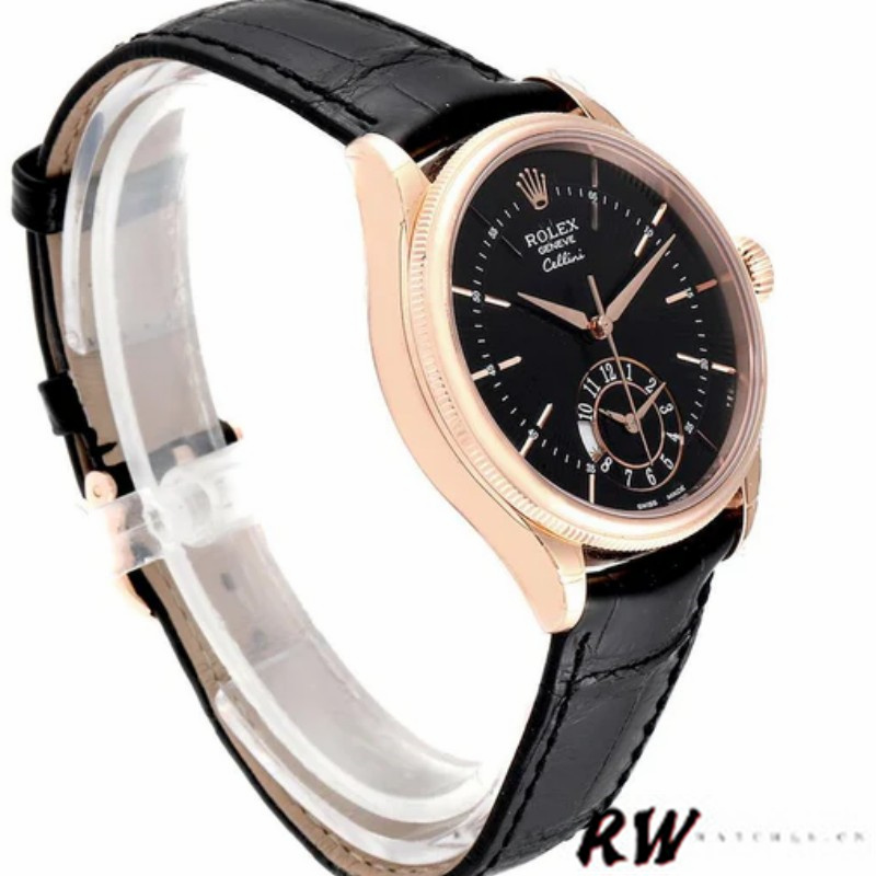 Rolex Cellini Dual Time 50525 Black Dial Black Leather Strap 39mm Mens Replica Watch