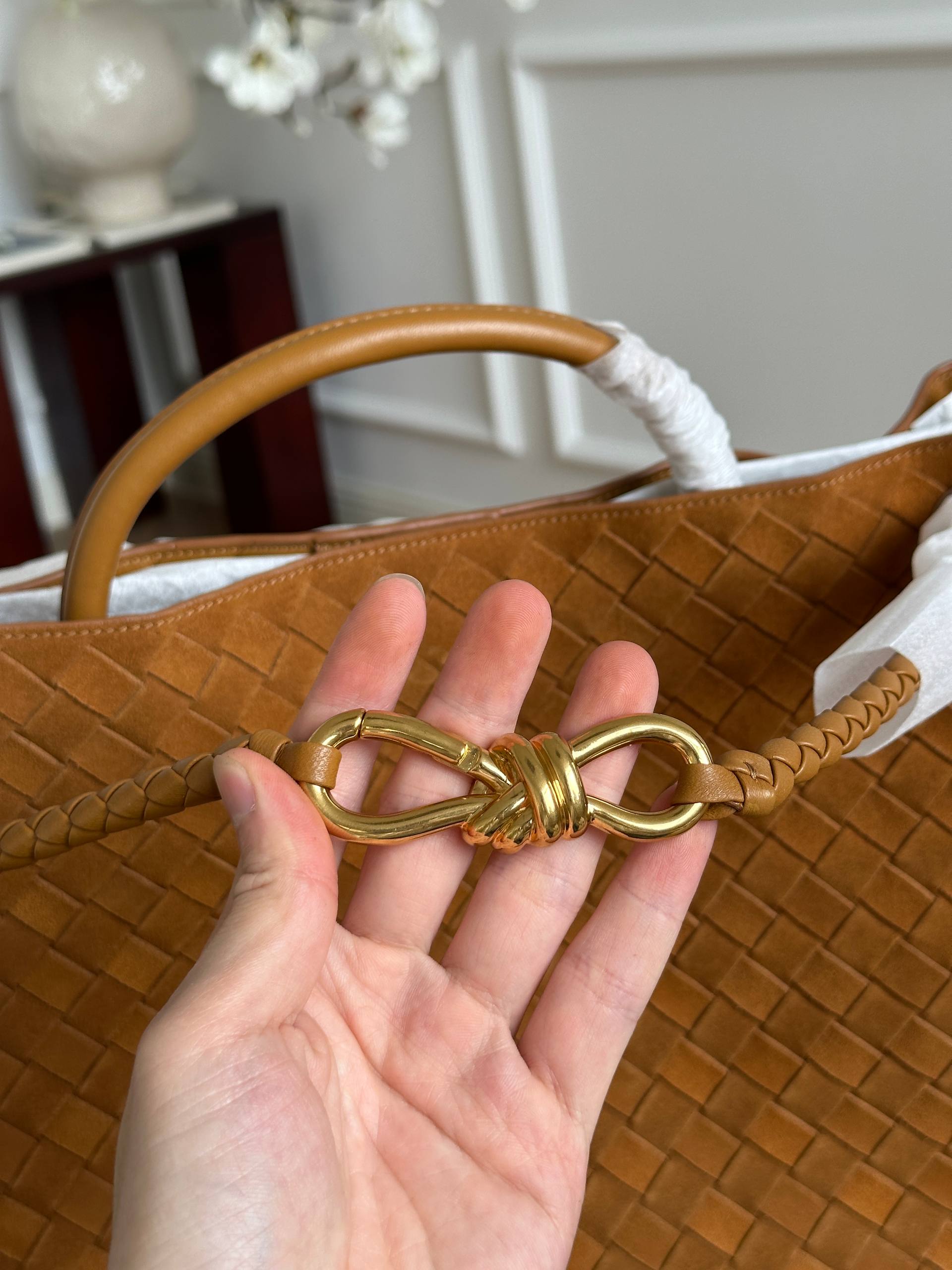 Bottega Veneta Caramel Suede Intrecciato Woven Andiamo Large Tote Bag