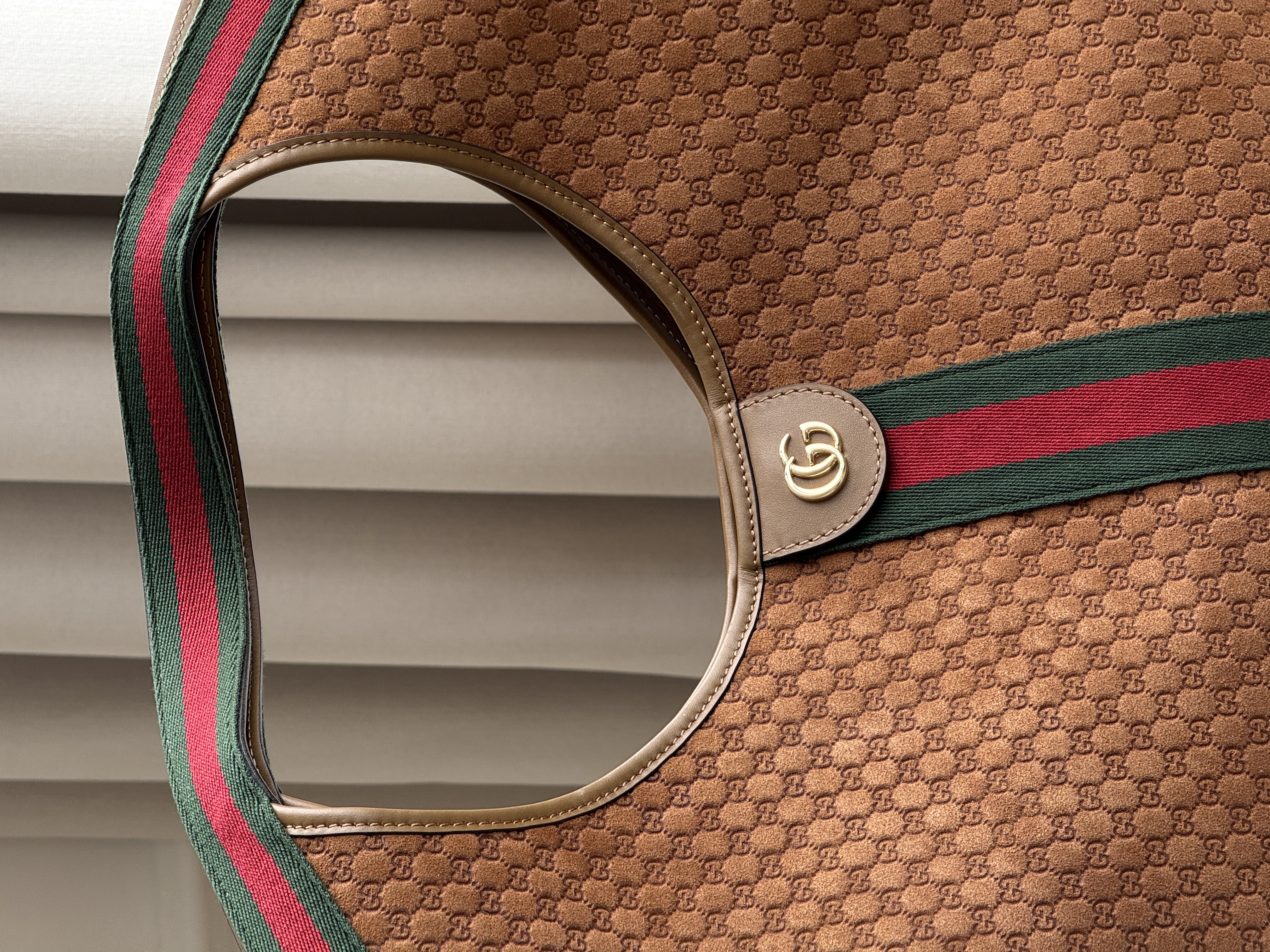 Gucci Caramel GG Monogram Suede Tote Handbag With Web Stripe & Double G Logo
