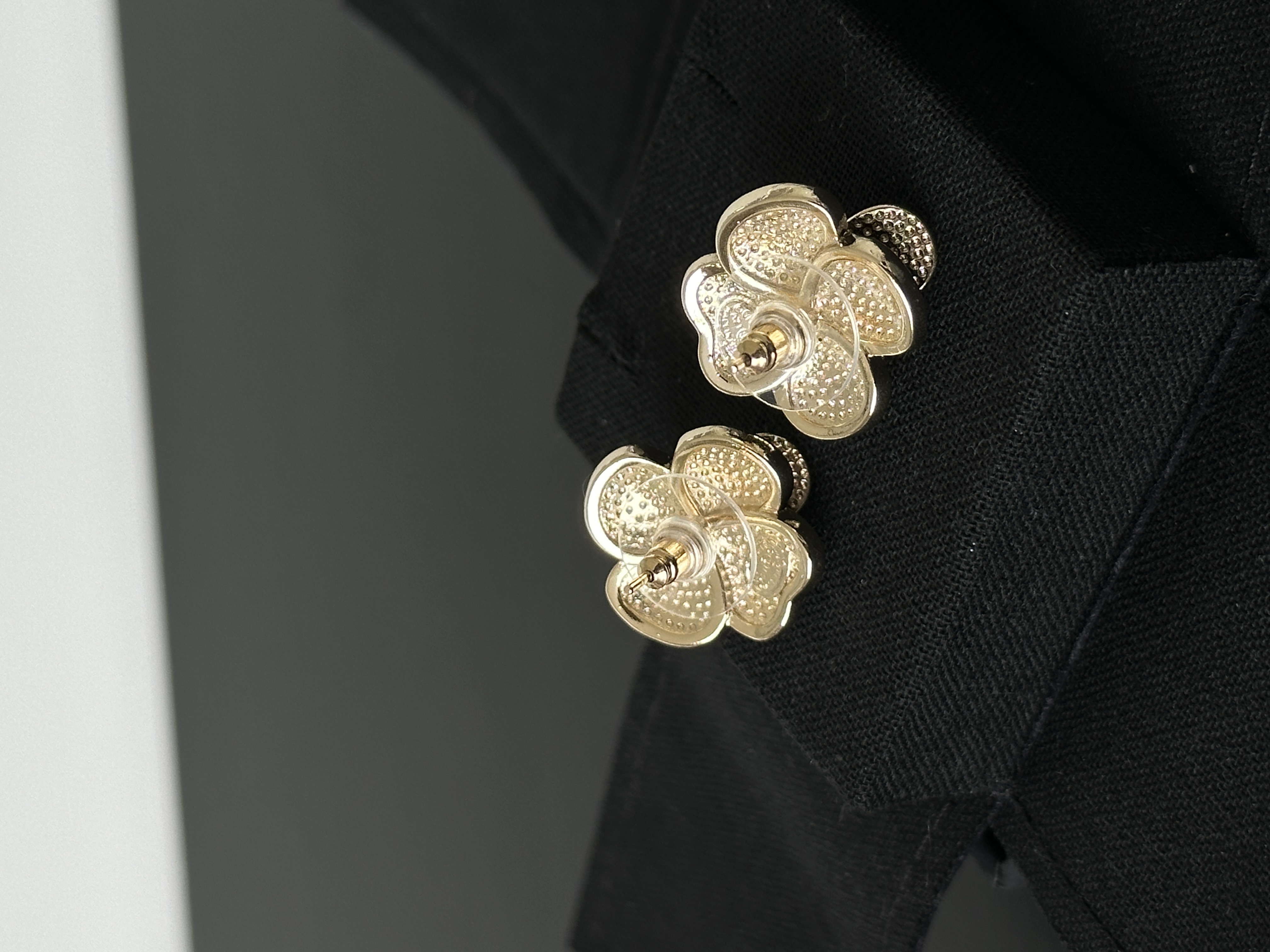 CHANEL Black Enamel Camellia CC Logo Stud Earrings