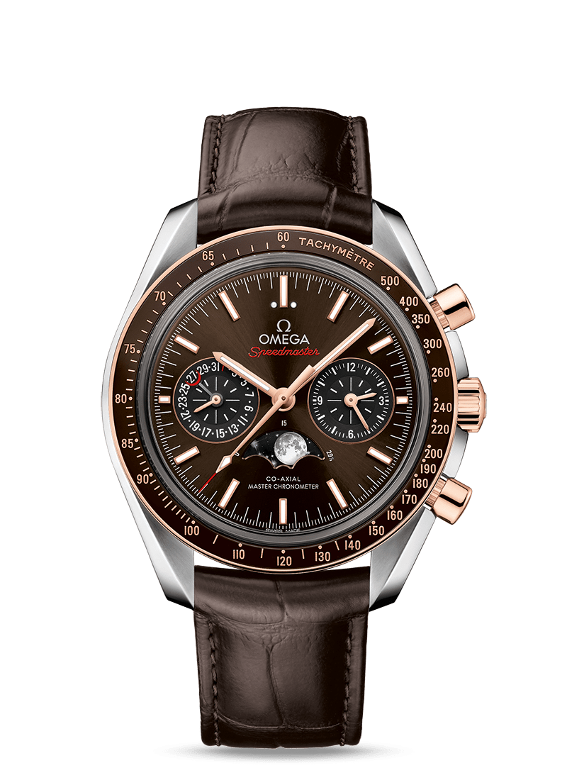 MOONPHASE CO‑AXIAL MASTER CHRONOMETER MOONPHASE CHRONOGRAPH 44.25 MM 304.23.44.52.13.001 FAVOURITES COMPARE Steel ‑ Sedna™ Gold on Leather strap