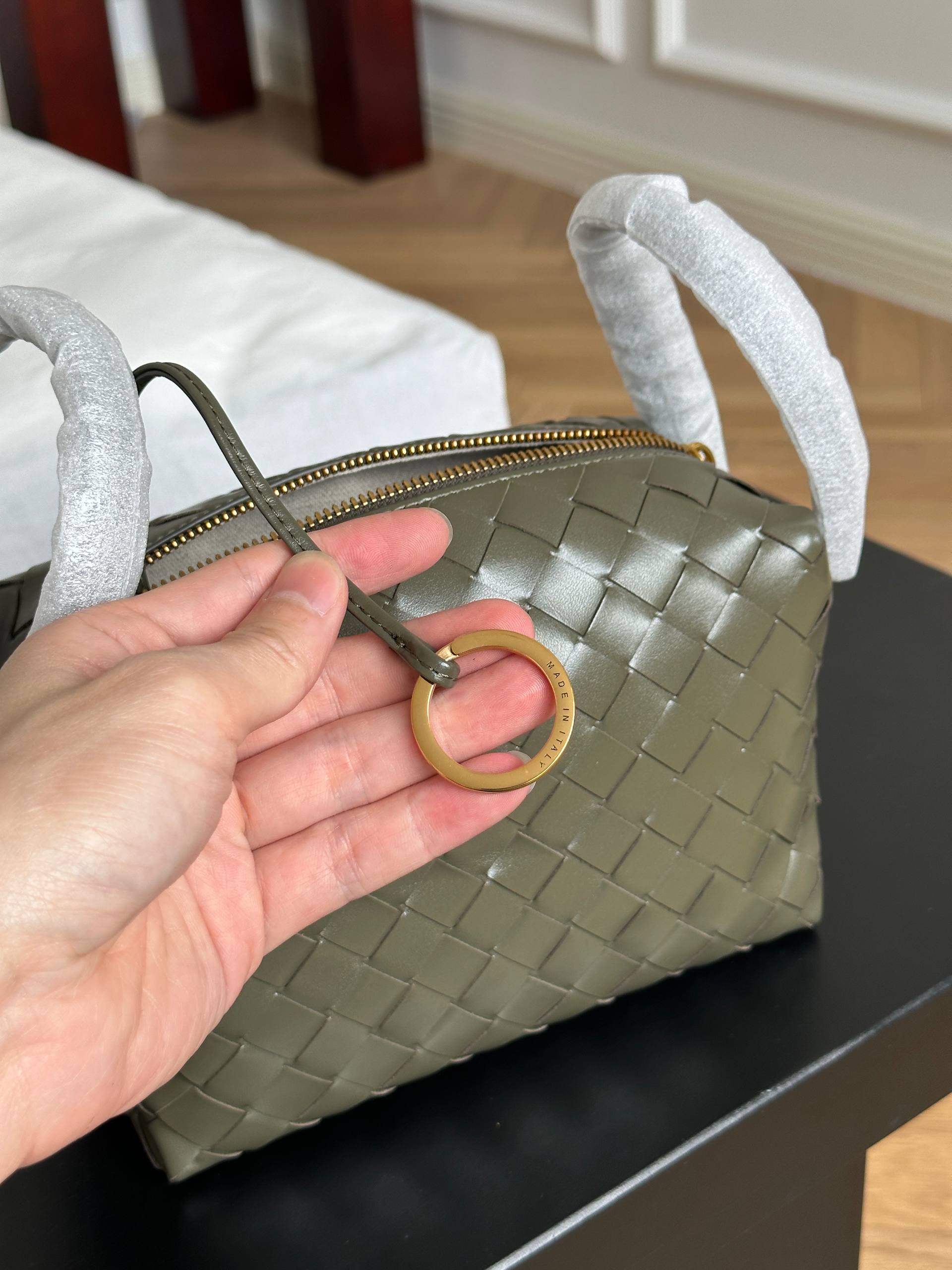 Bottega Veneta Olive Green Intrecciato Woven Knot Handle Crossbody Camera Bag