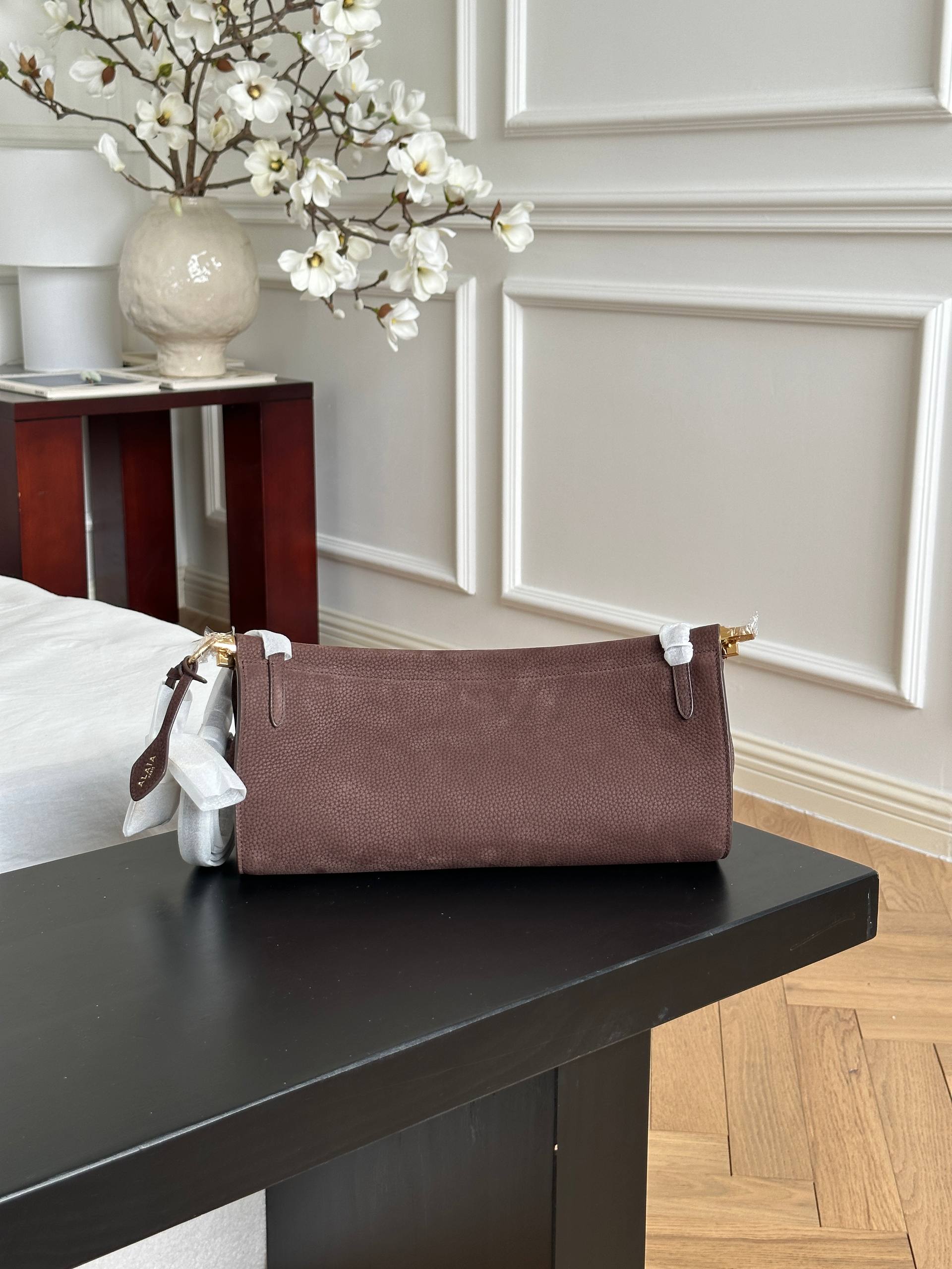 ALAIA Dark Brown Grained Leather Long Baguette Shoulder Bag