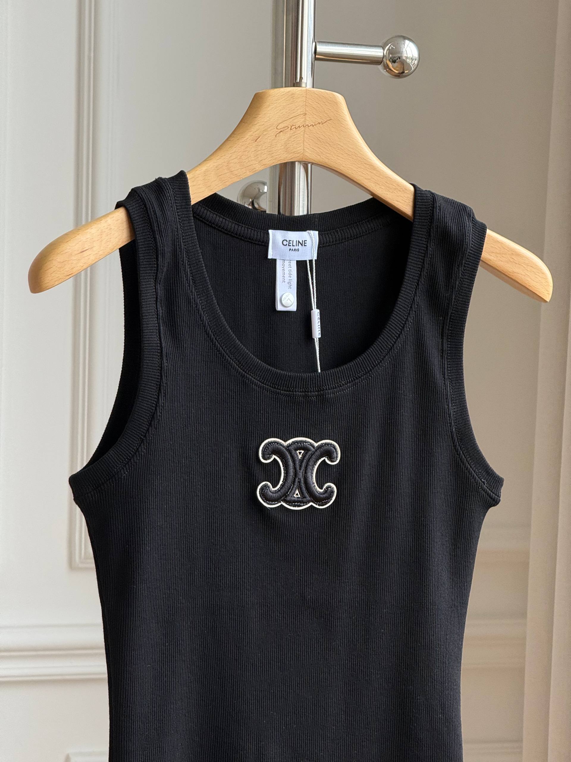 CELINE Triomphe Embroidered Ribbed Tank Top