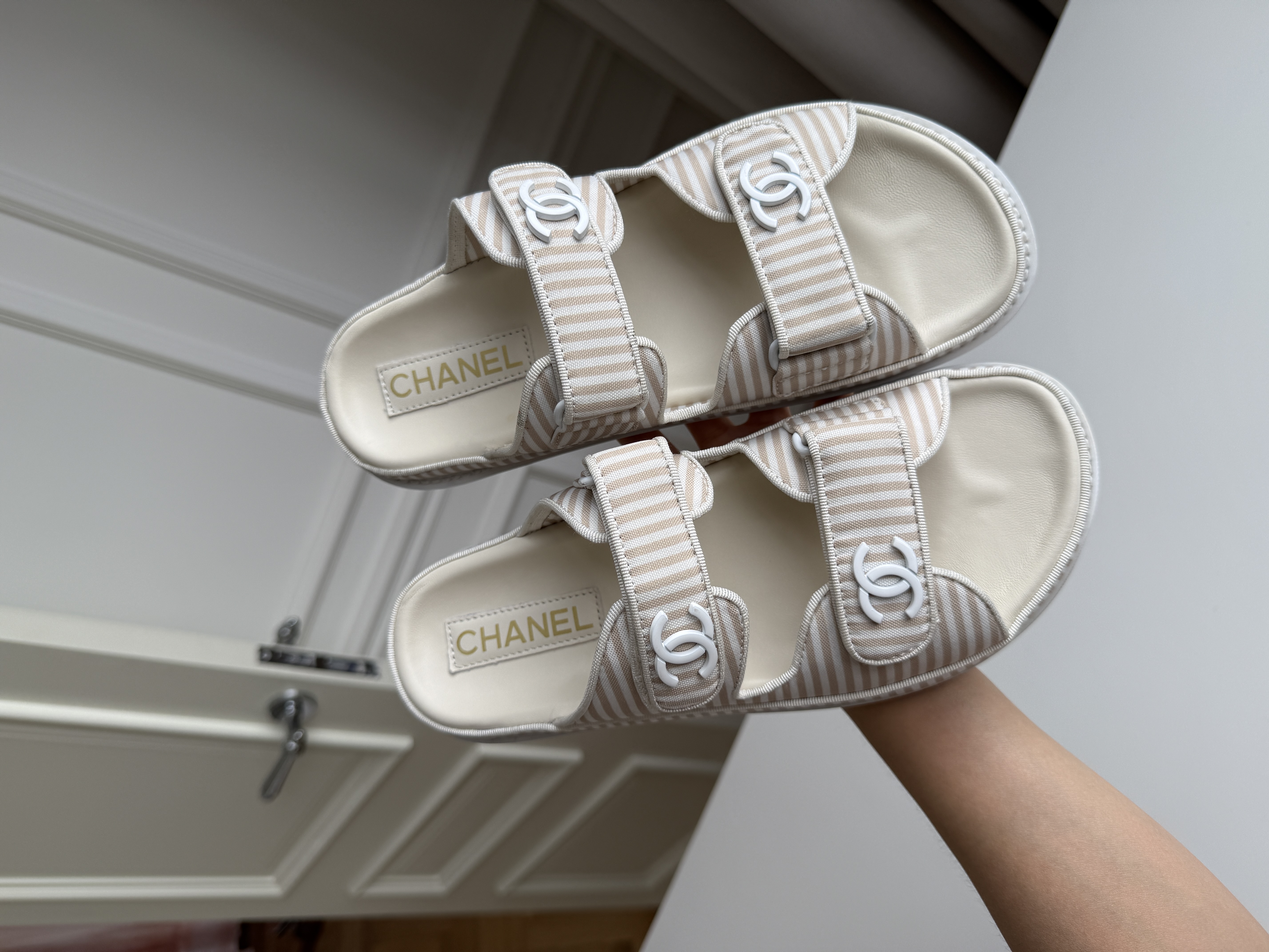 Chanel Beige Coffee Striped Canvas Double Strap CC Logo Flat Slide Sandals