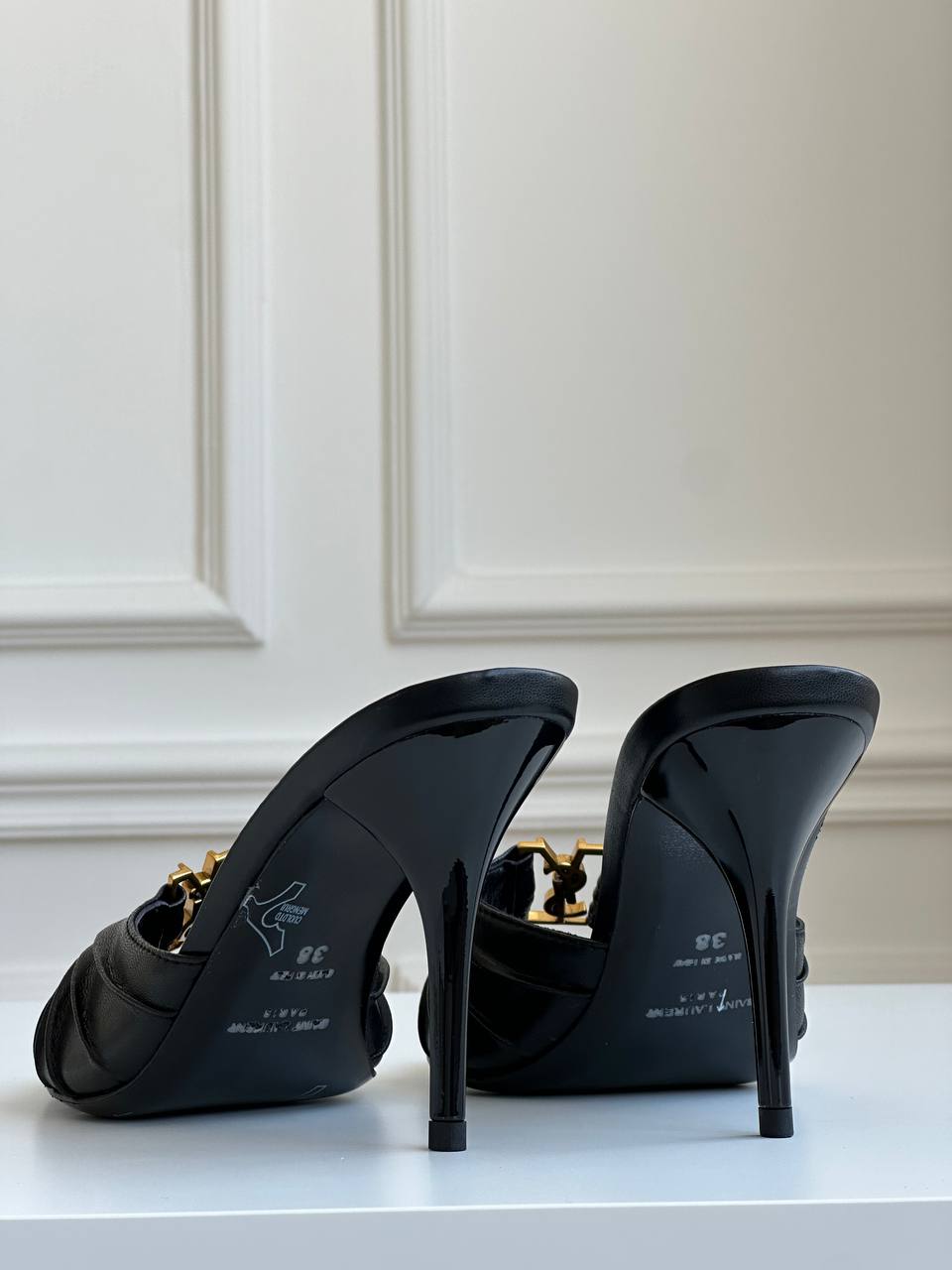 Saint Laurent Black Lambskin Ruched Front Gold YSL Logo Pointed Toe Stiletto Mule Slides