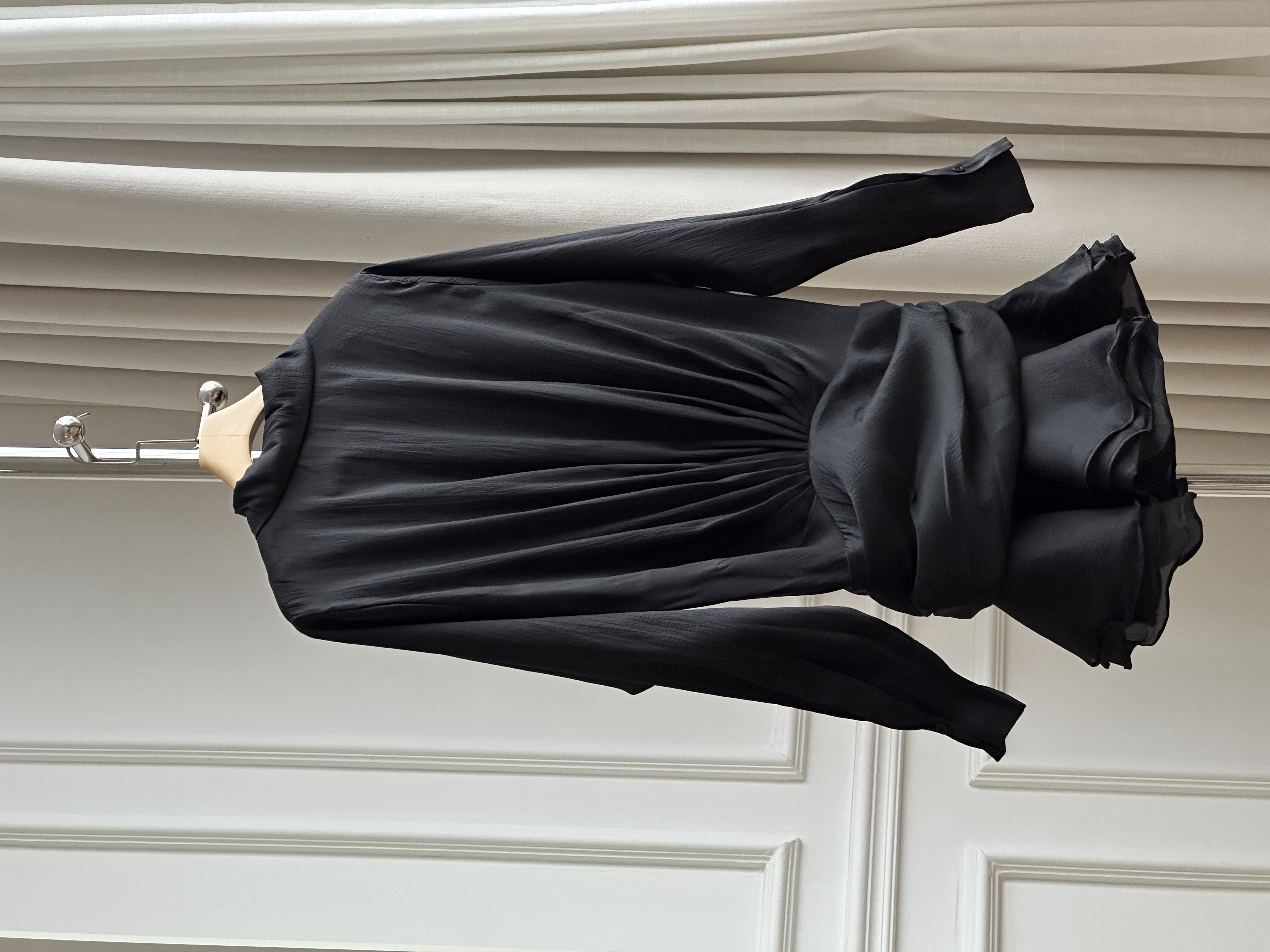 French Style Pointed Collar Ruched Ruffle Shirt Mini Dress