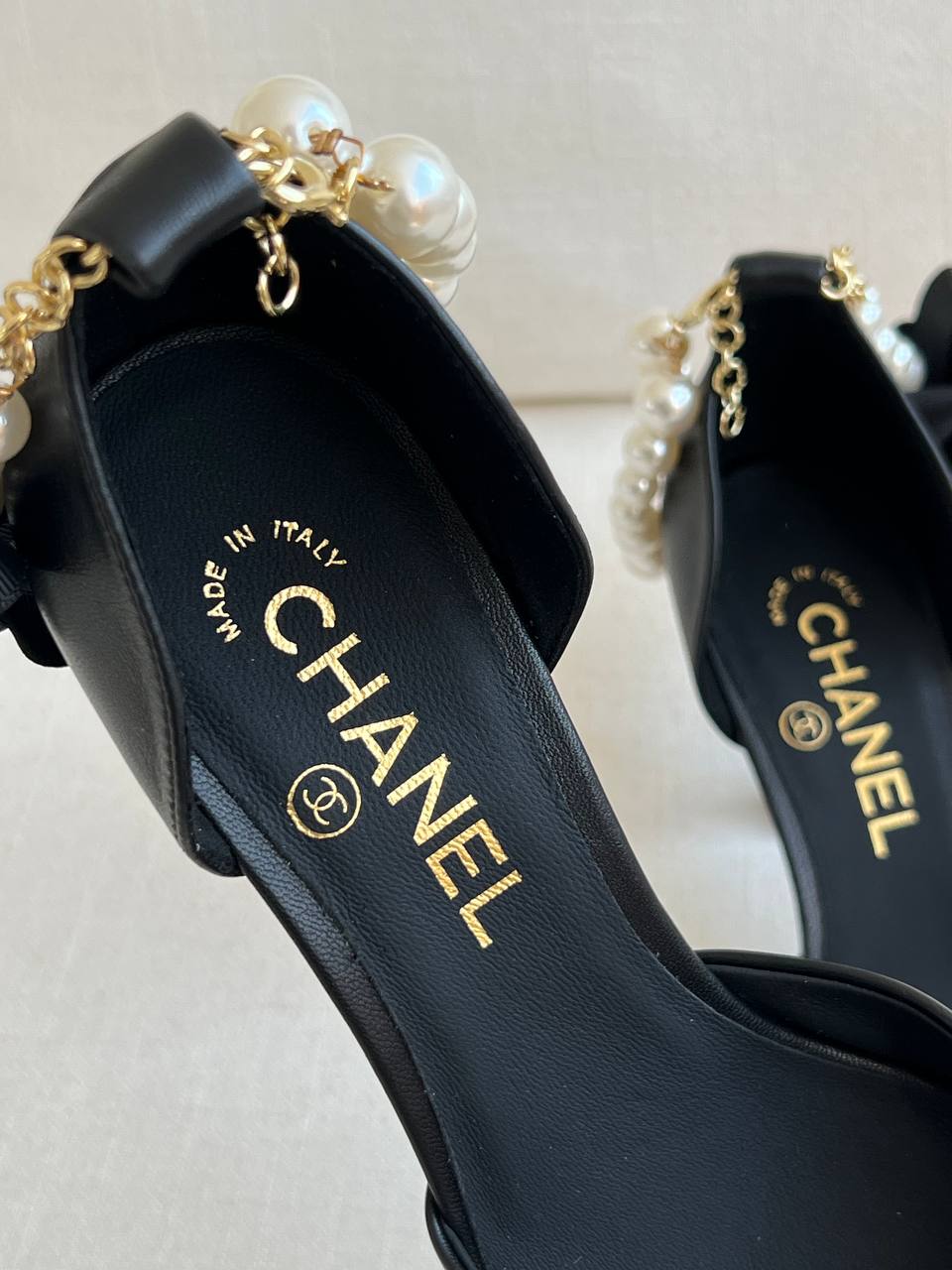 CHANEL Black Leather Satin Camellia Pearl Chain Slingback Pointed Stiletto Sandals