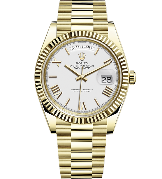 Rolex Day-Date 40 Presidential White dial, Fluted Bezel, President bracelet, Yellow gold Watch【1:1 Replica】