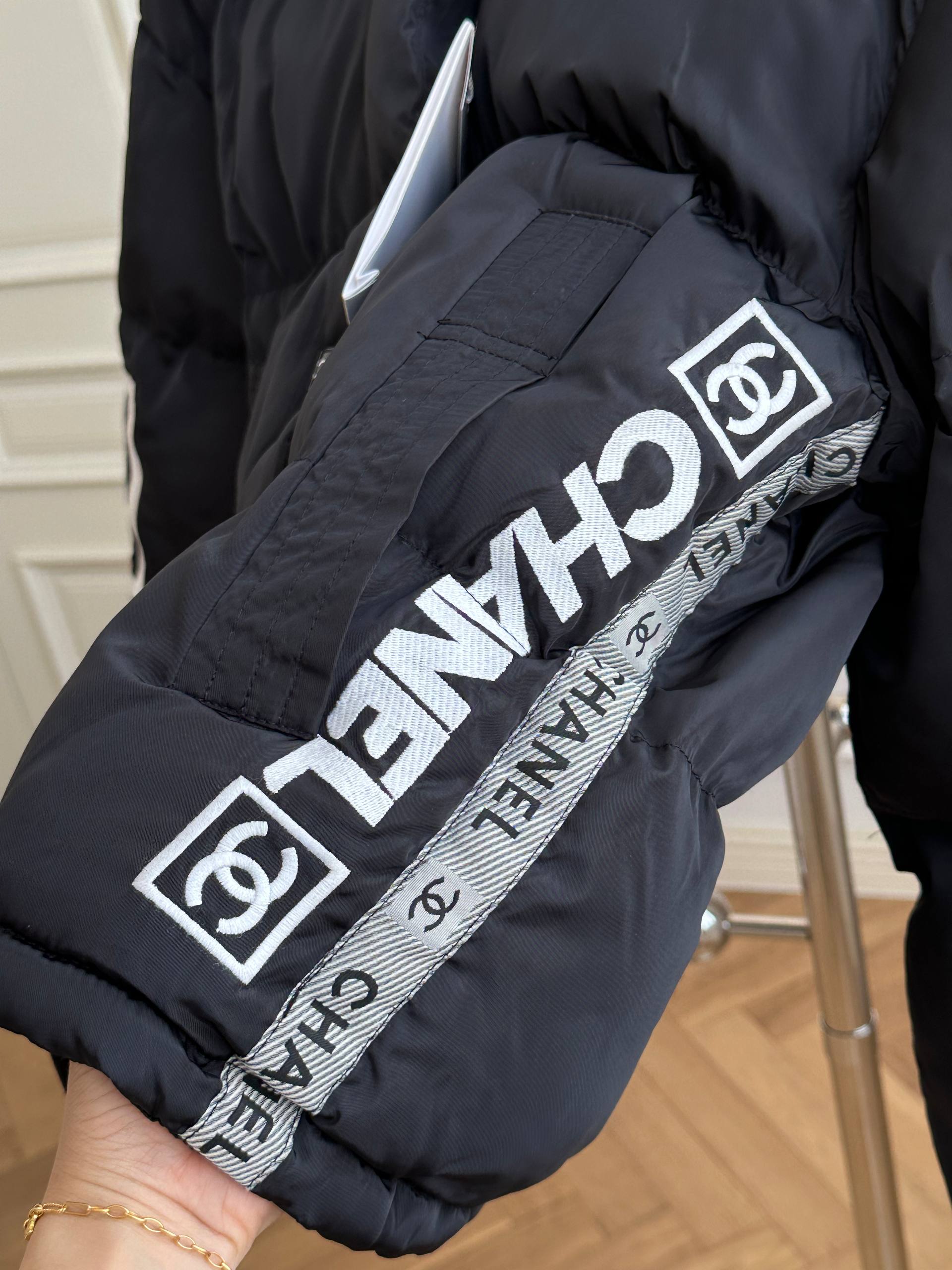 Chanel Black Quilted Down Jacket with Logo Tape