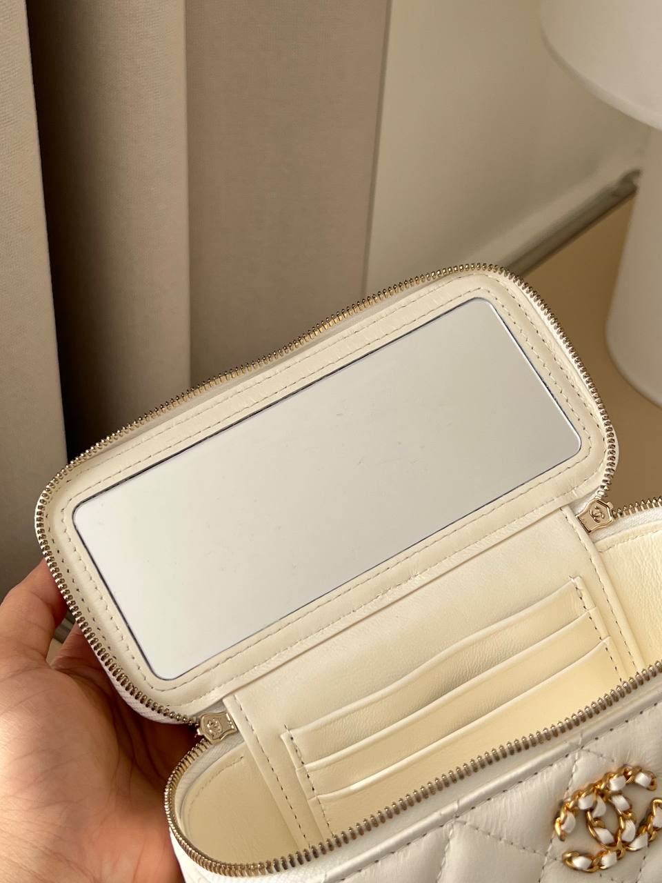 Chanel Cream White Smooth Lambskin Quilted Vanity Case Bag With Top Handle & Interwoven Chain Strap