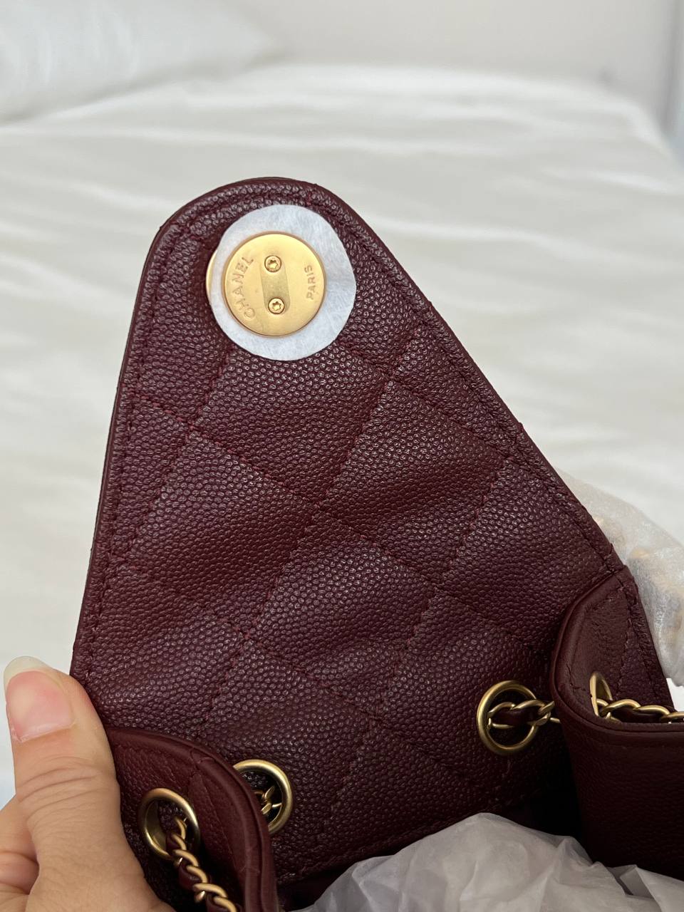 Chanel Burgundy Caviar Leather Quilted CC Drawstring Chain Tote Bag