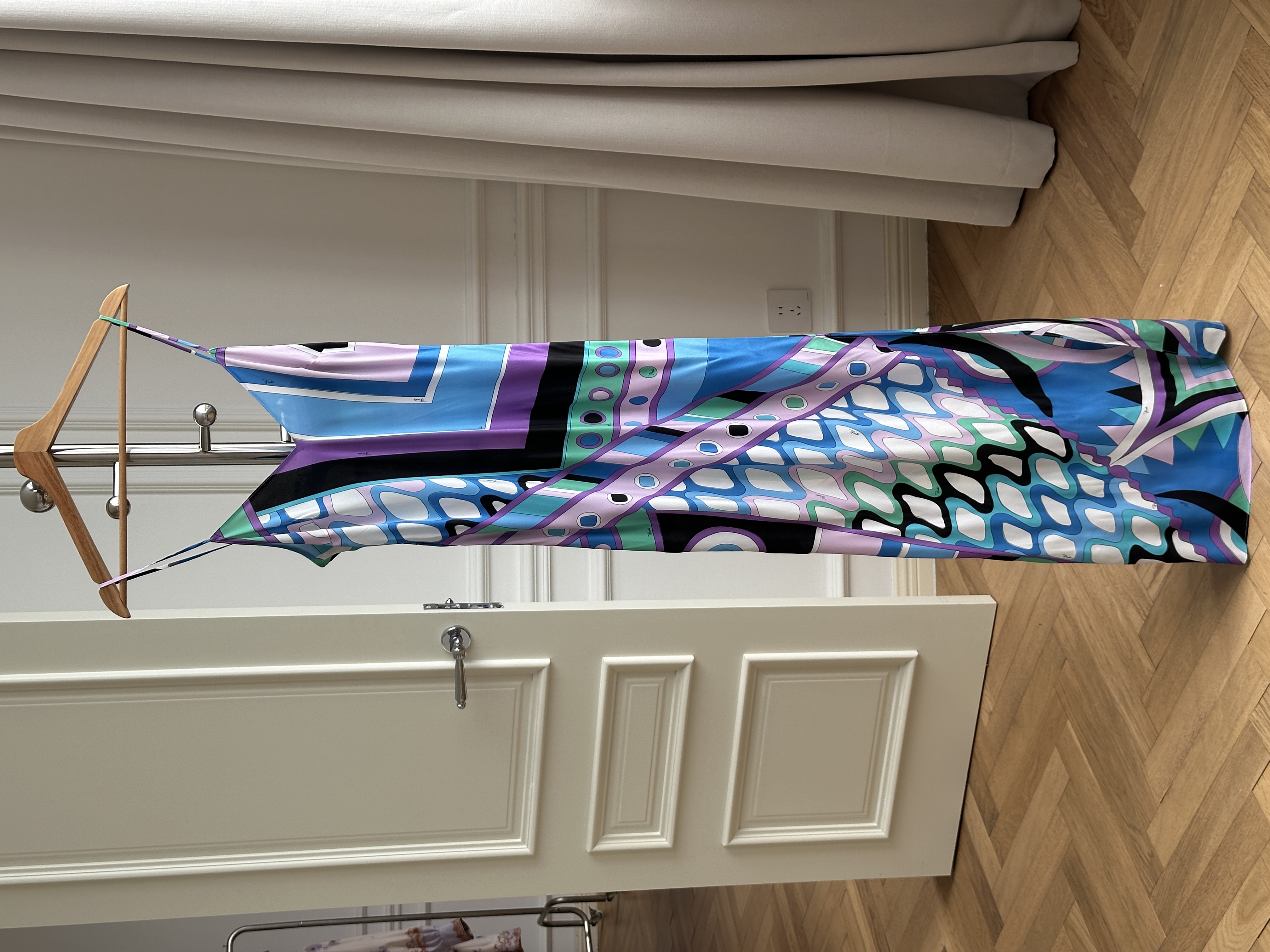 Blue Purple Pop Geometric Print Satin V-Neck Thin Strap Slit Maxi Vacation Dress