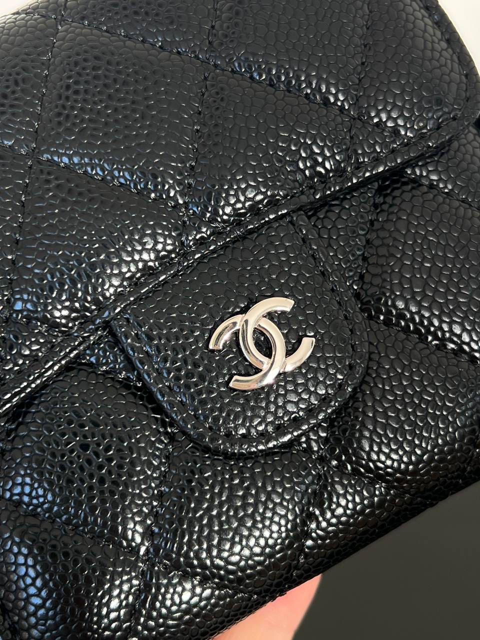 Chanel Black Caviar Quilted Silver-tone Hardware Tri-fold Short Wallet