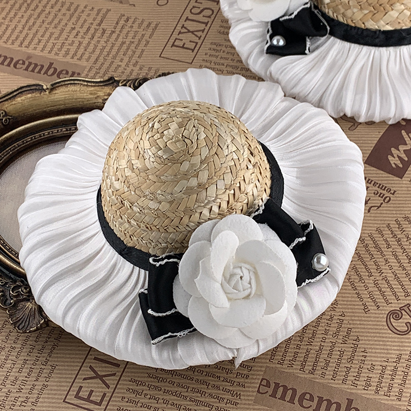 Pet Beige Wicker Straw Hat White Pleated Brim Black Bow Camellia Pearl Decor Accessory - MAISONKAIRON