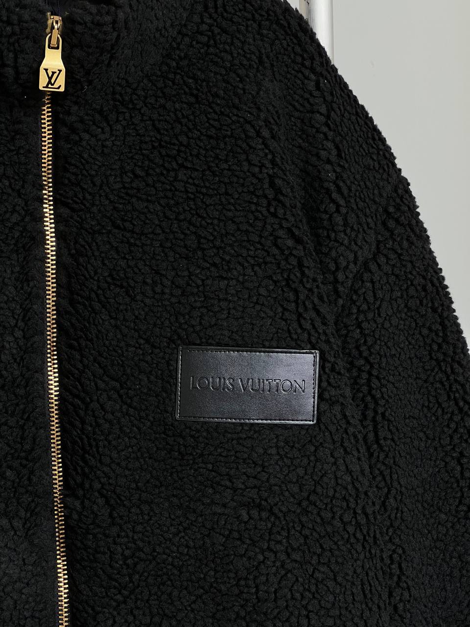 Louis Vuitton Black Stand Collar Teddy Fleece Zip-Up Loose Jacket With Leather Label & Gold Zipper
