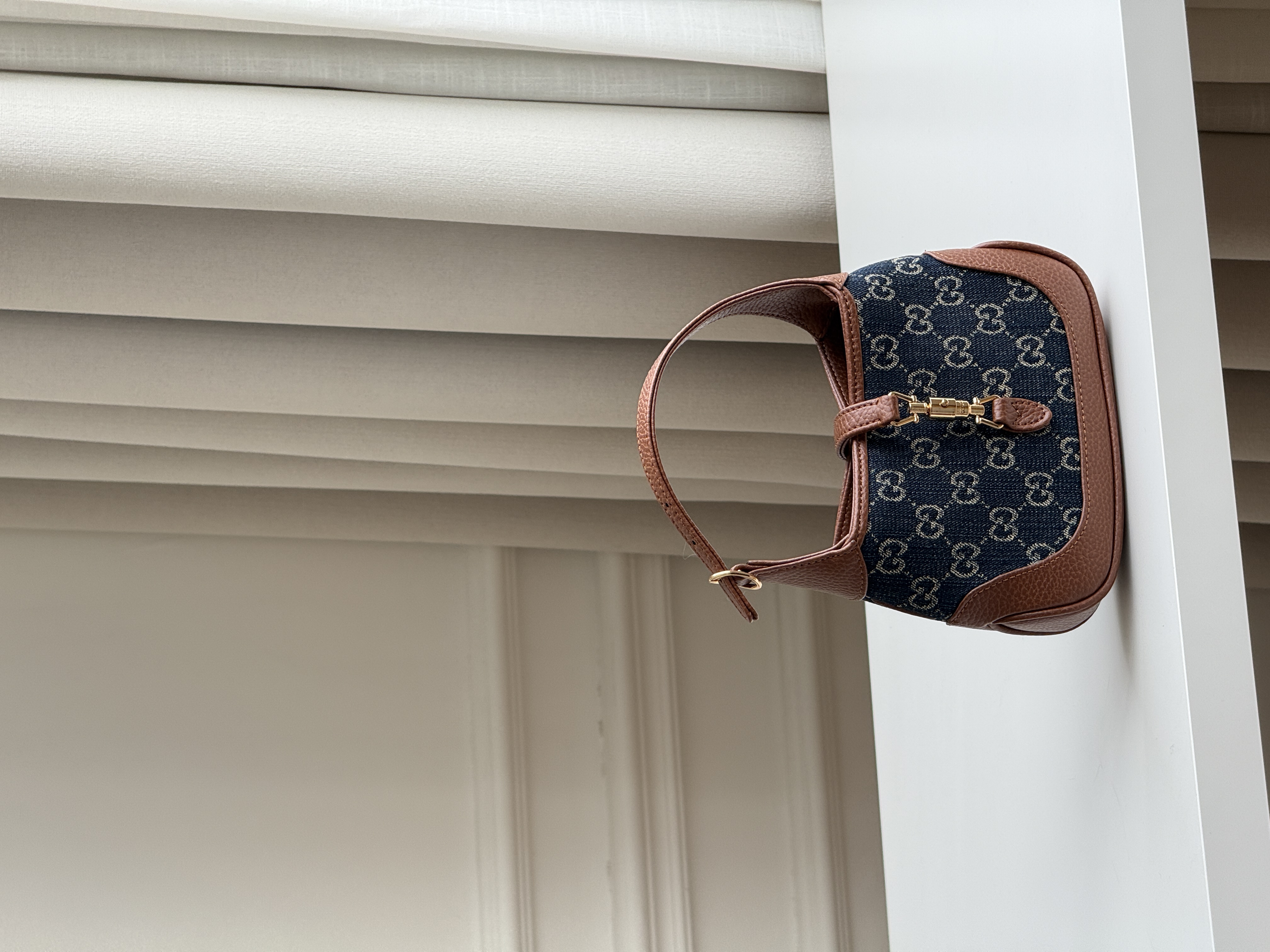 Gucci Mini Jackie Denim GG Monogram Leather Trim Hobo Handbag