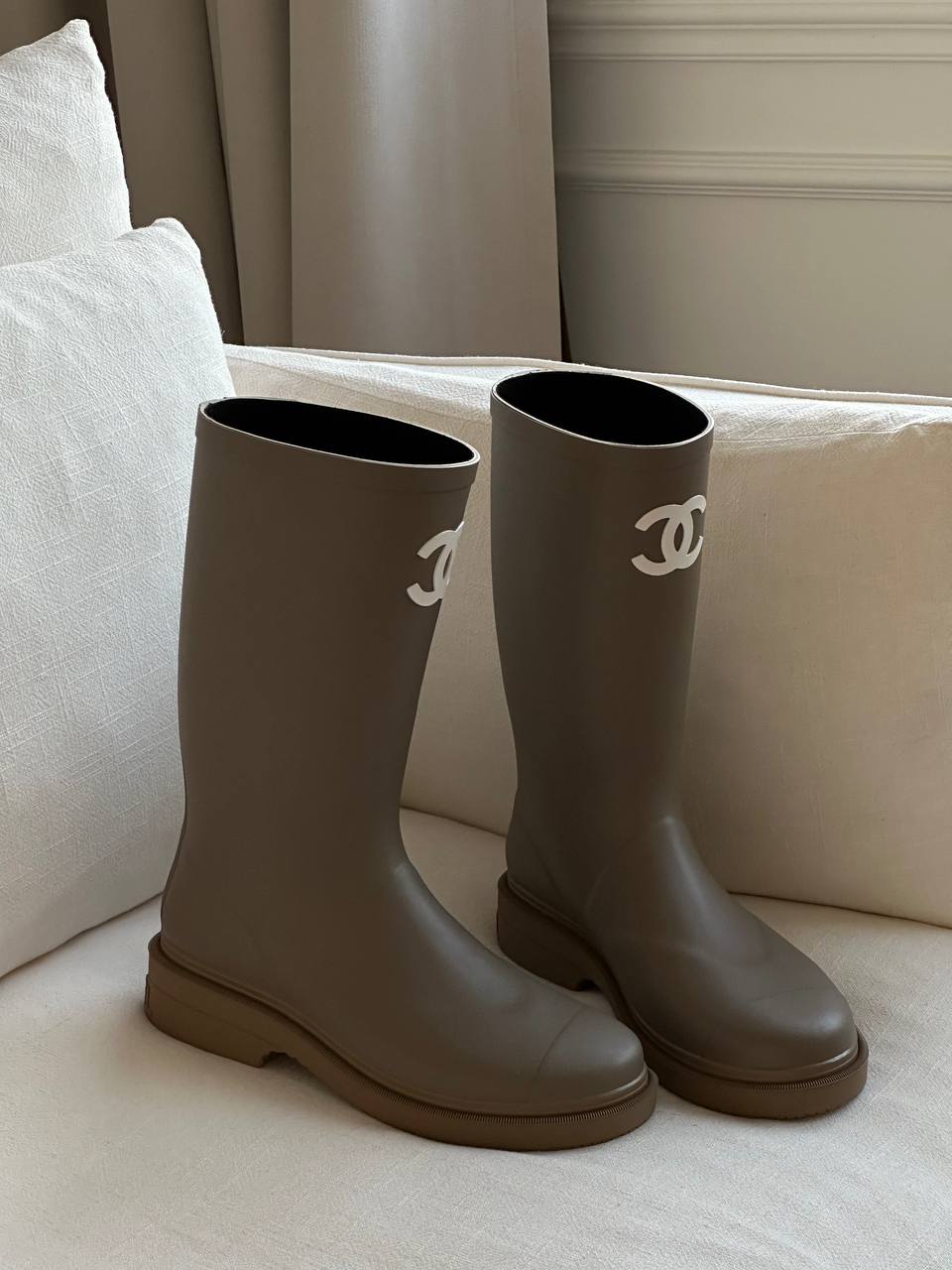 Chanel Mocha Brown CC Logo Block Heel Tall Waterproof Rain Boots
