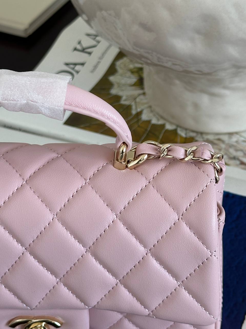 Chanel Sakura Pink Lambskin Quilted Top Handle Mini Classic Flap Bag
