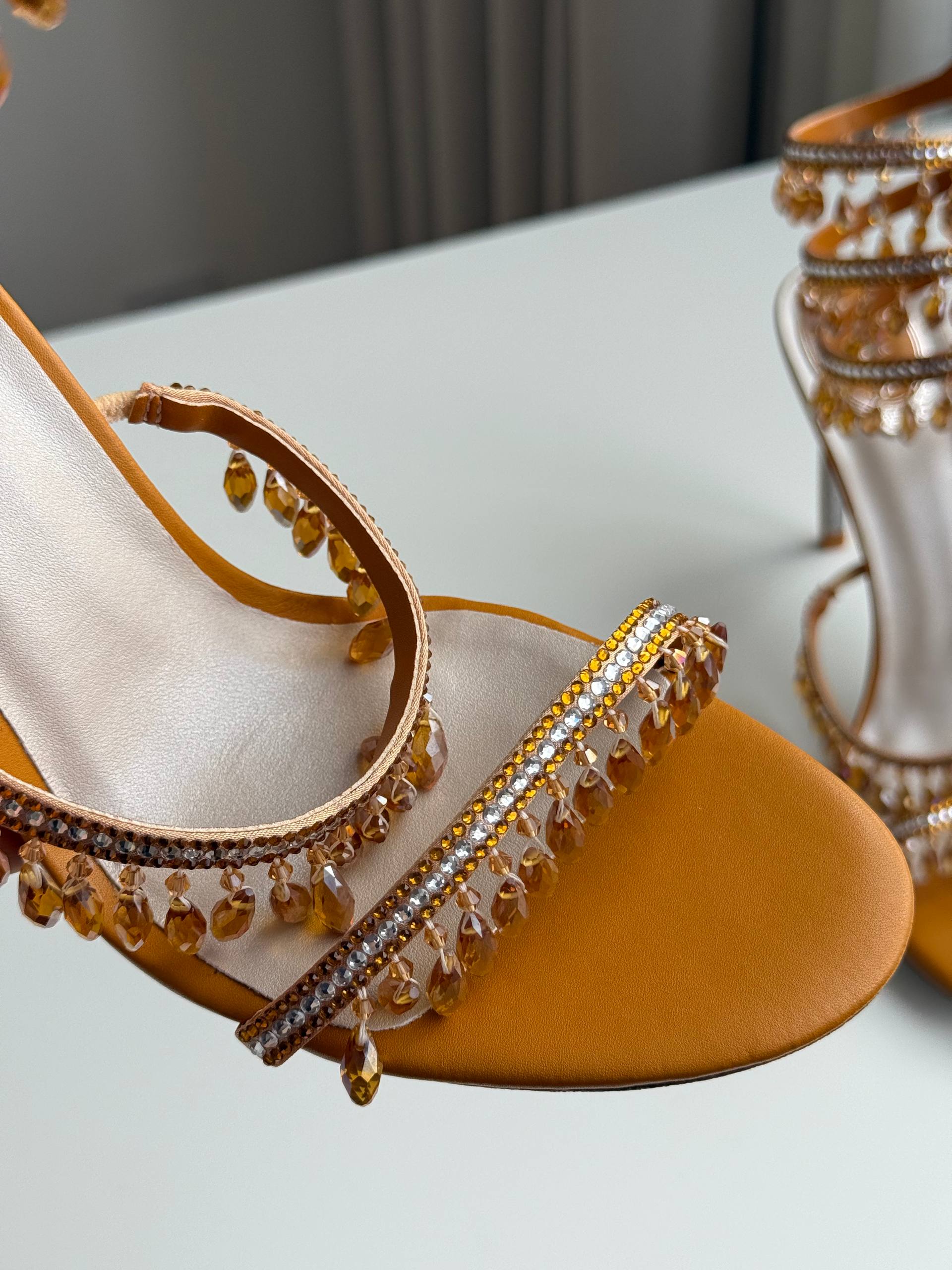 Rene Caovilla Champagne Crystal Ankle Wrap Fringe High Heel Sandals