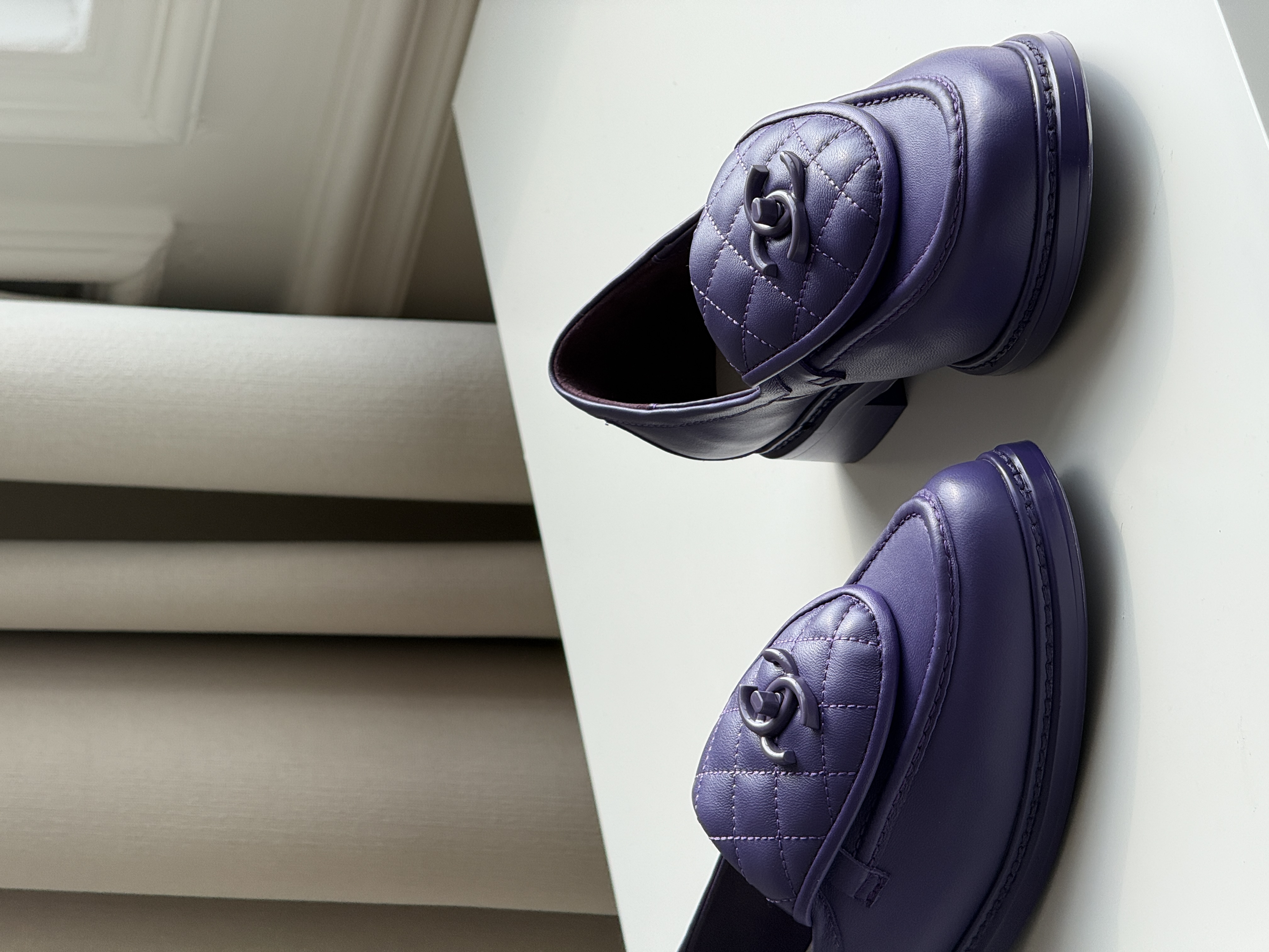 Chanel Purple Smooth Lambskin Quilted CC Logo Low Block Heel Loafers