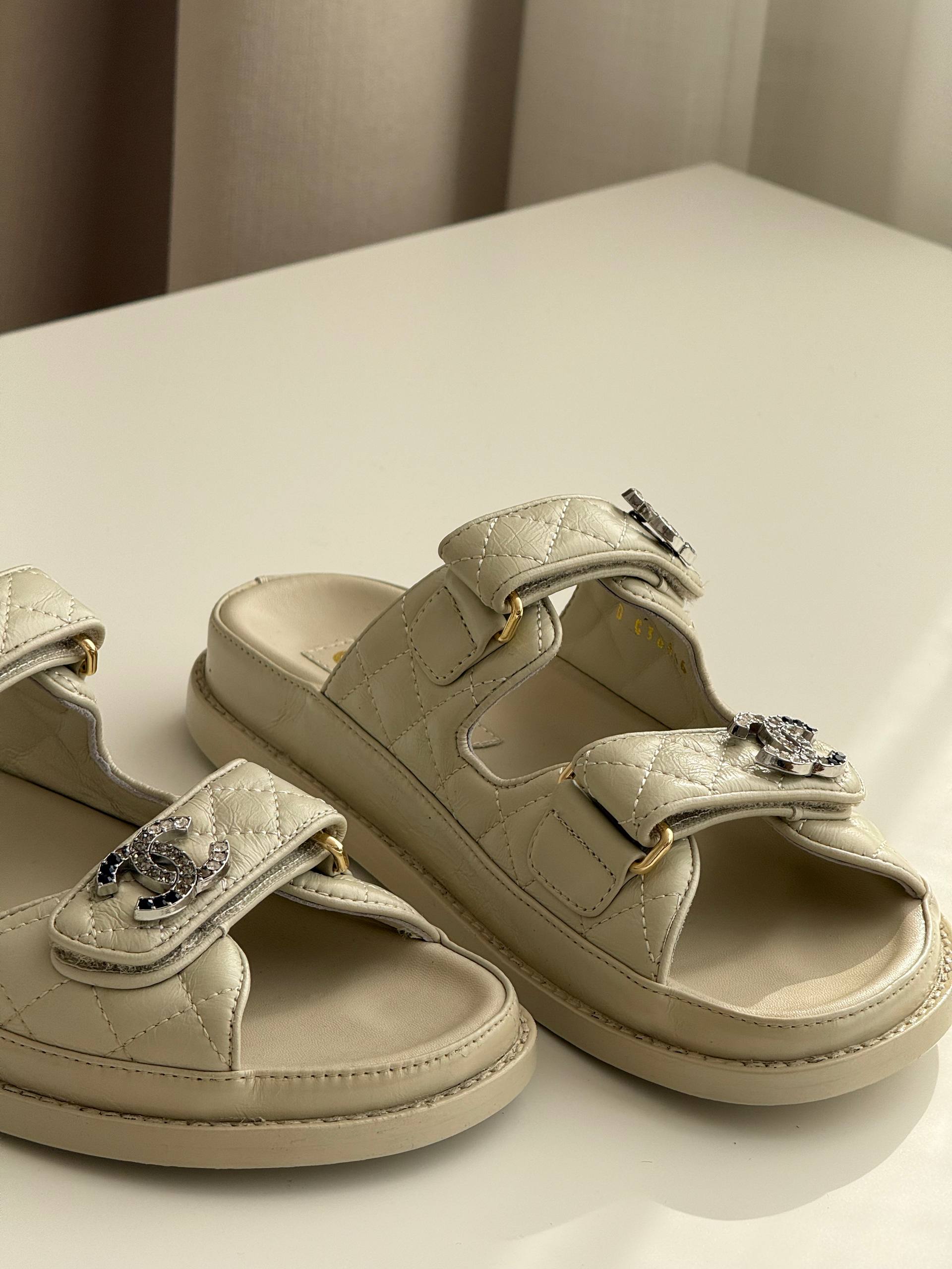 Chanel Quilted Lambskin Crystal CC Velcro Dad Sandals