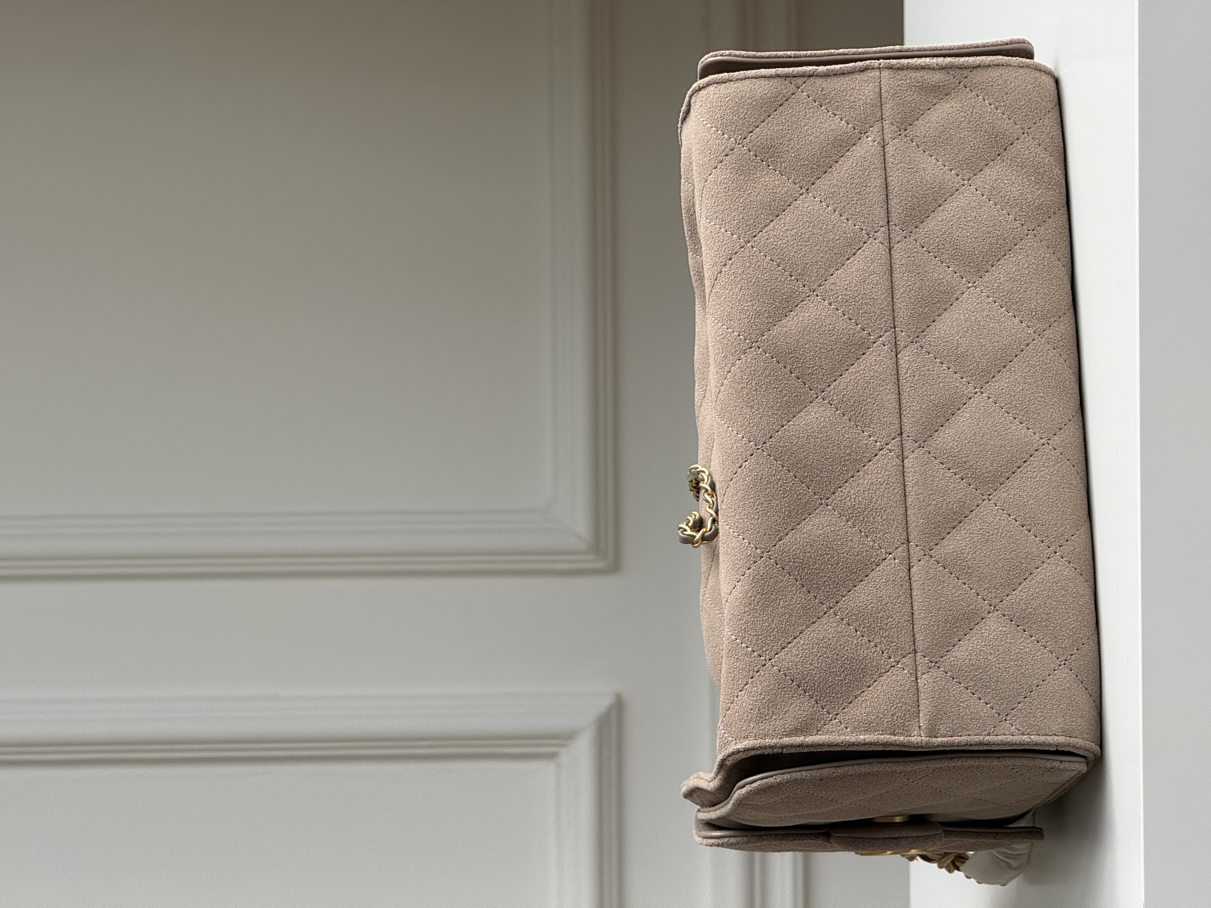 Chanel 25A Suede Quilted Drawstring Hobo Tote Bag