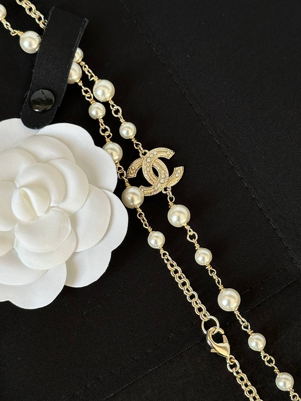 Chanel Long Necklace with Glass Pearls & CC Logos