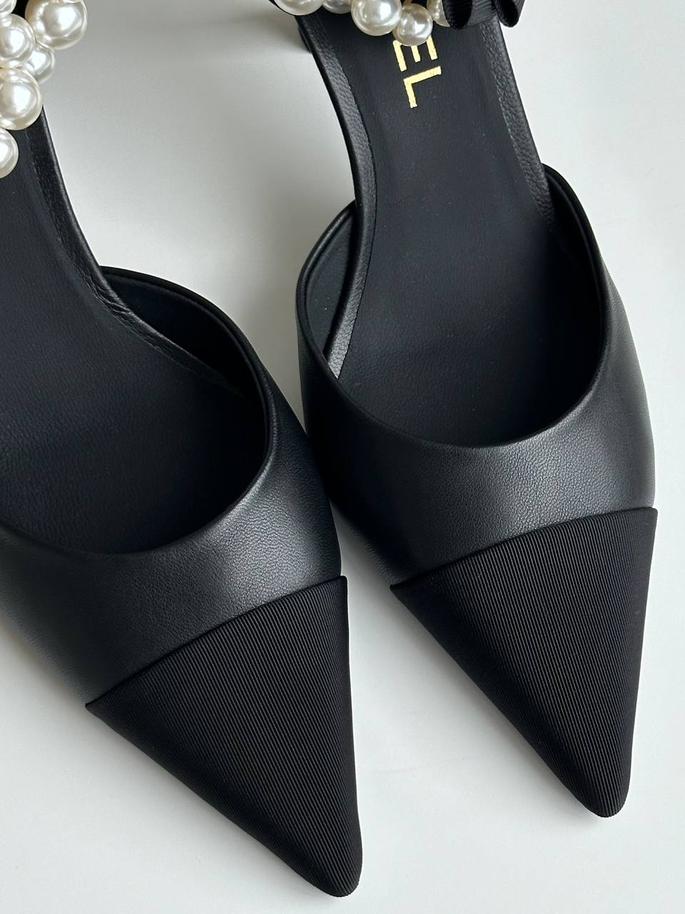 Chanel Black Calfskin & Grosgrain Camellia Pearl Ankle Strap Pointed Toe Slingback Heels