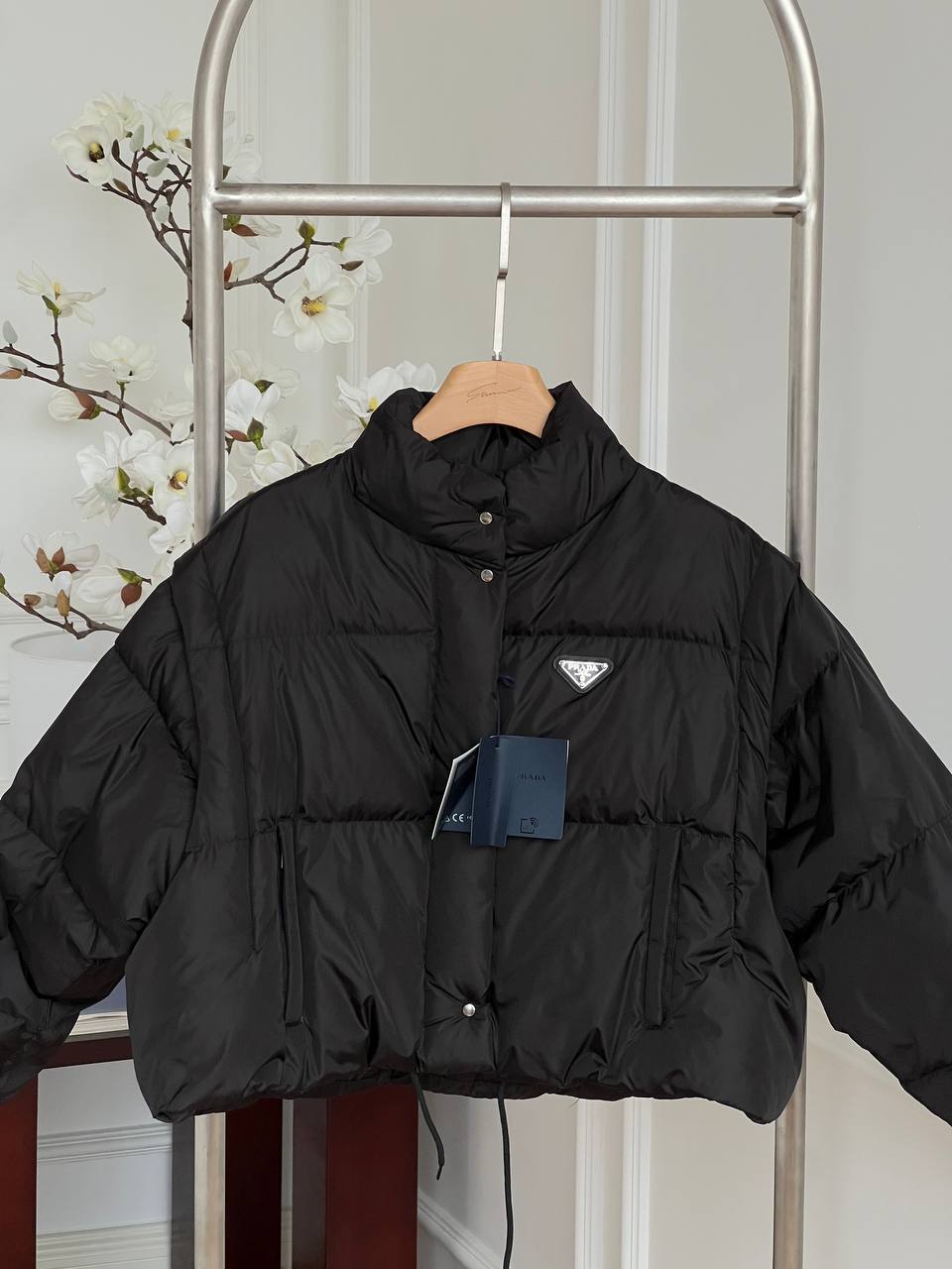 Prada Black Triangle Logo Stand Collar Cropped Nylon Down Jacket