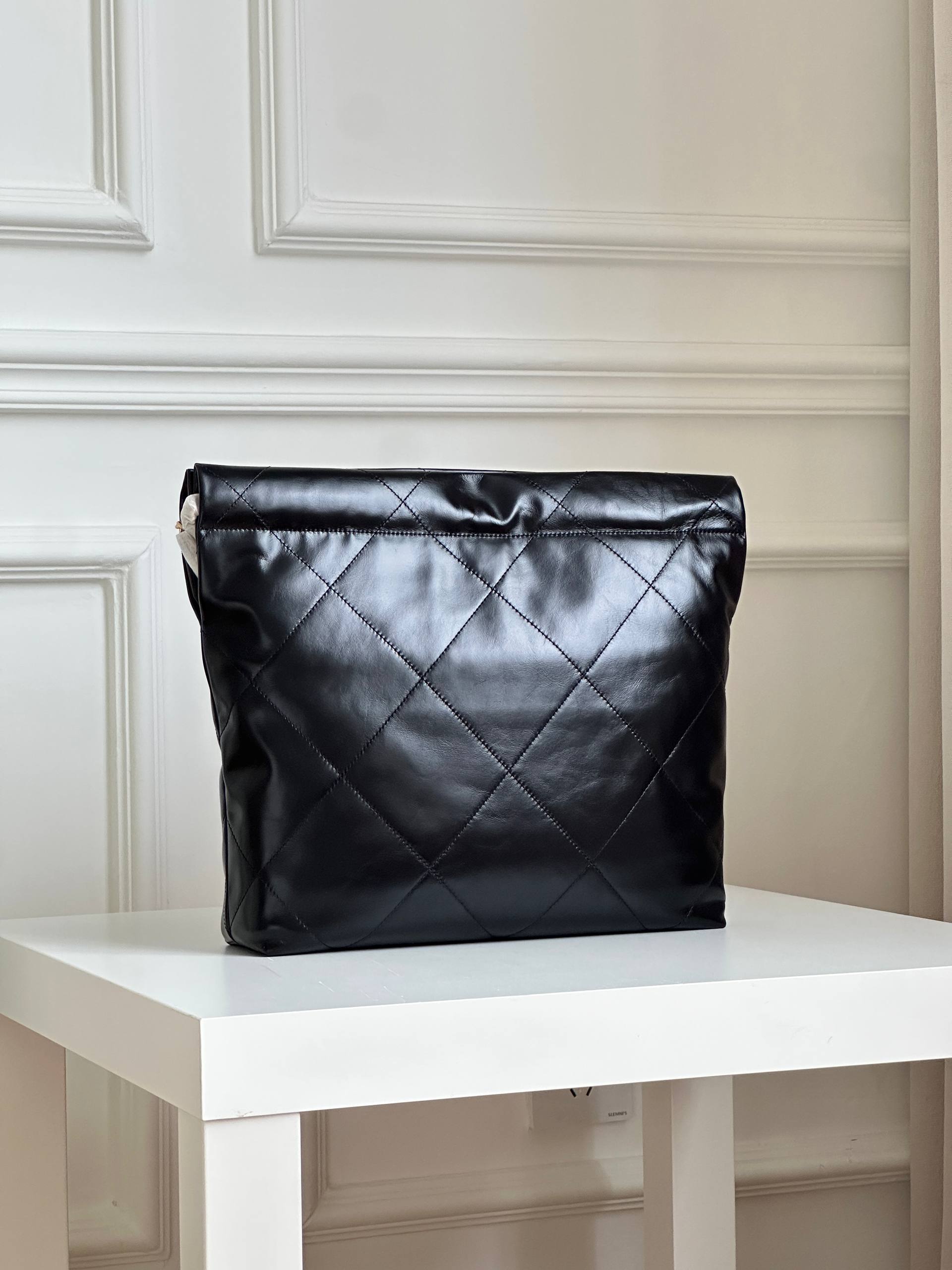Chanel 22 Large Black Shiny Quilted Leather Tote Crossbody Bag