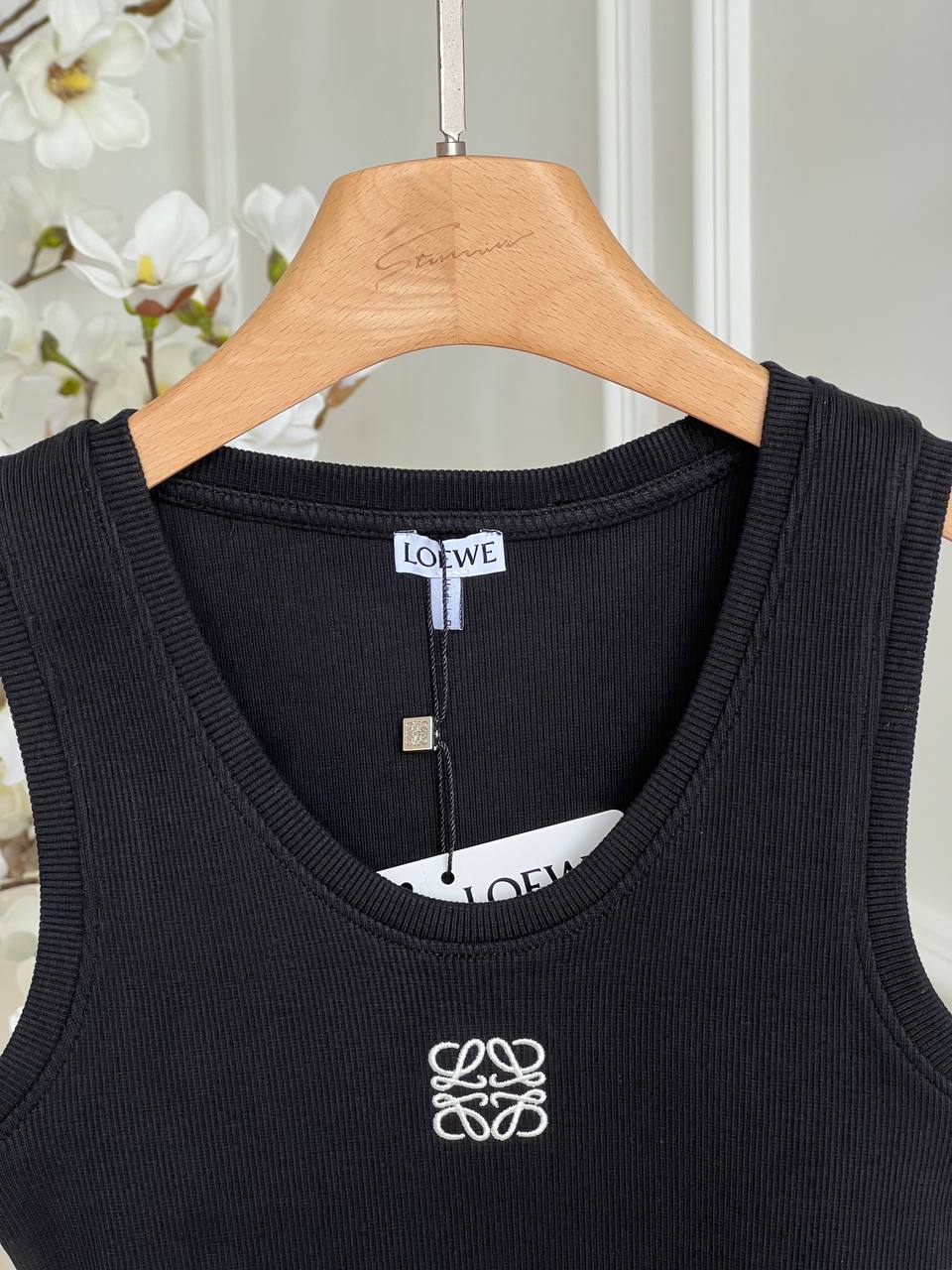 LOEWE Black Ribbed Knit U-Neck Wide Strap Tank Top With White Anagram Embroidery Logo