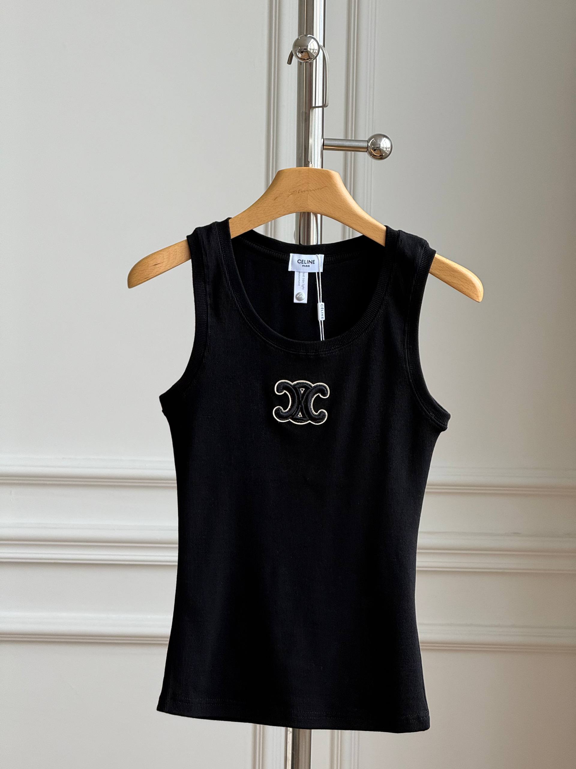 CELINE Triomphe Embroidered Ribbed Tank Top