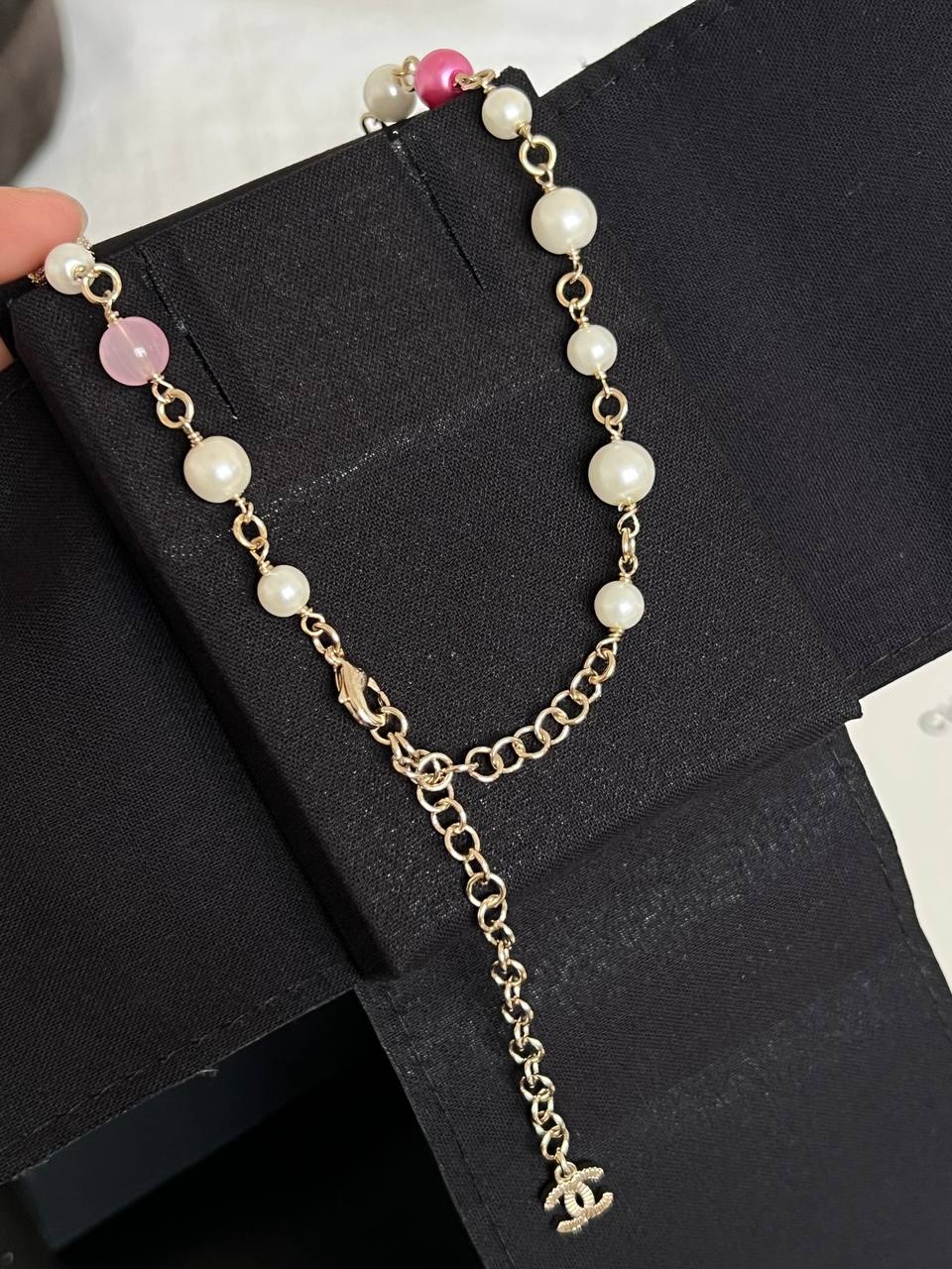 Chanel Light Gold Necklace With Pink Stripe Enamel CC, Pink Beads & Faux Pearls Adjustable