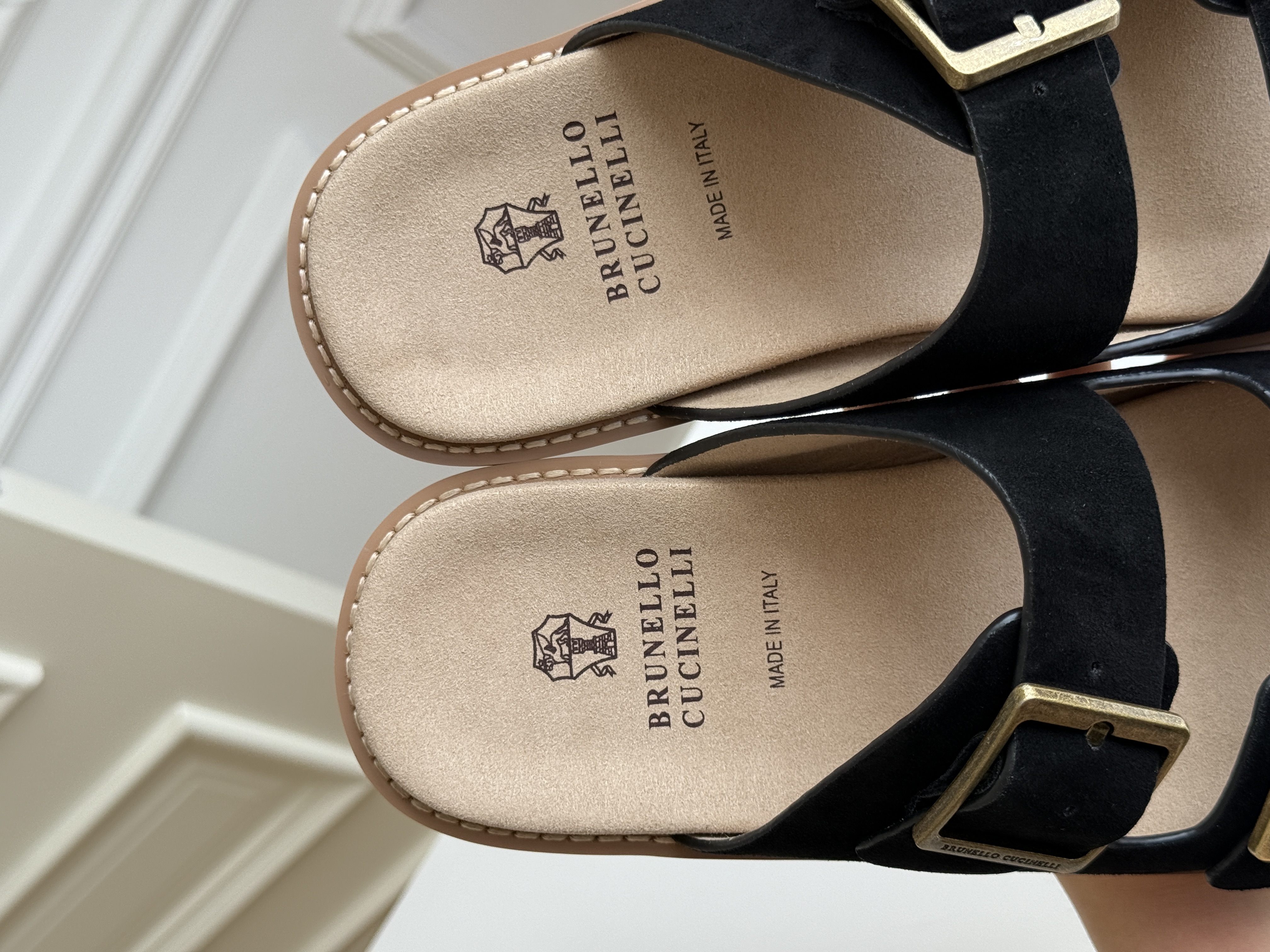 Double-Buckle Suede Slide Sandals