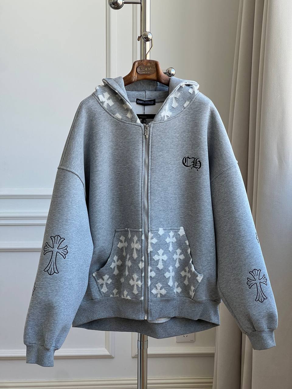 Chrome Hearts Grey Cross Patch Zip-Up Hoodie