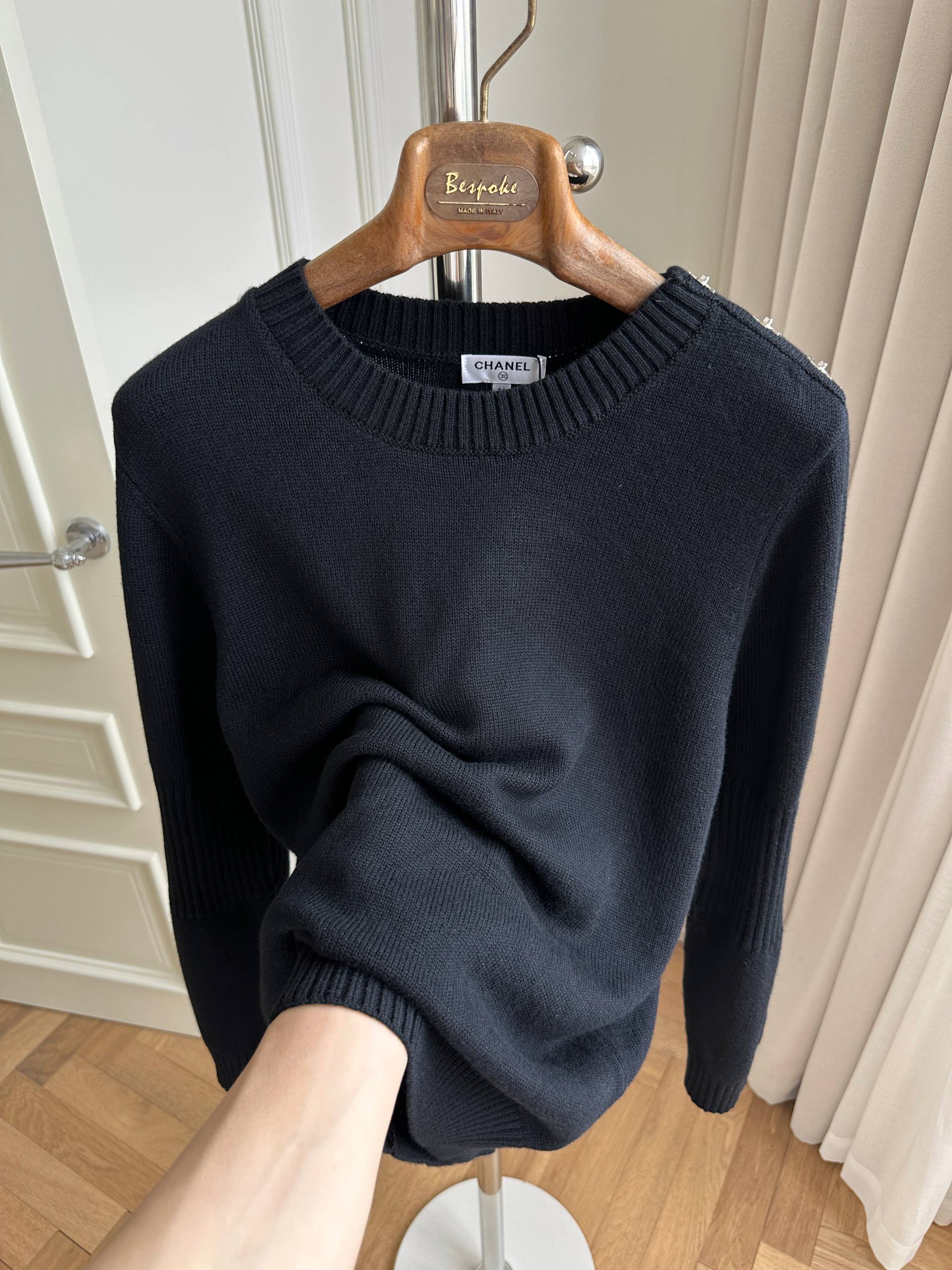 Chanel Black Crew Neck Shoulder Button Wool Knit Sweater