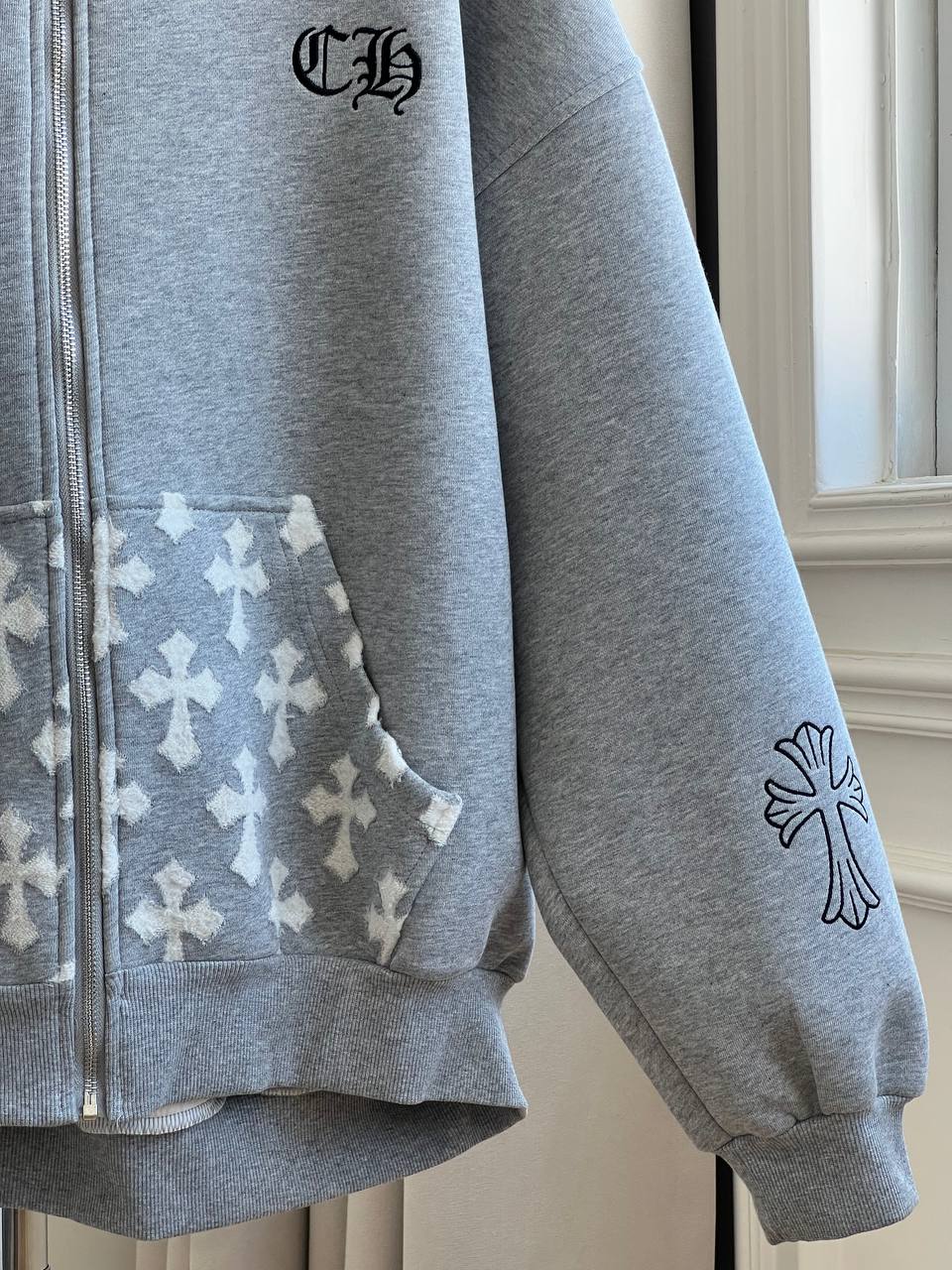 Chrome Hearts Grey Cross Patch Zip-Up Hoodie