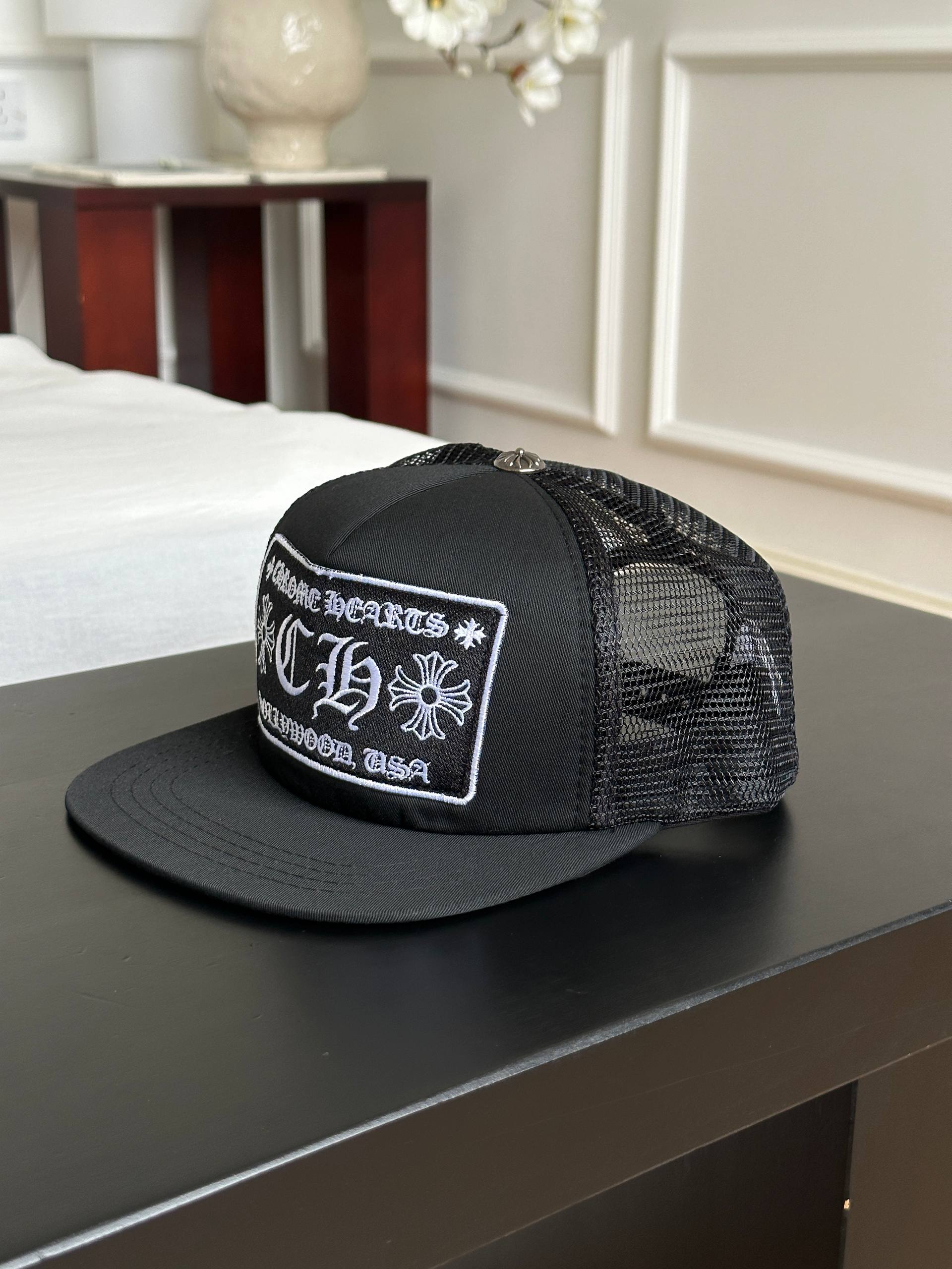 Chrome Hearts Cross Patch Mesh Trucker Flat Brim Cap