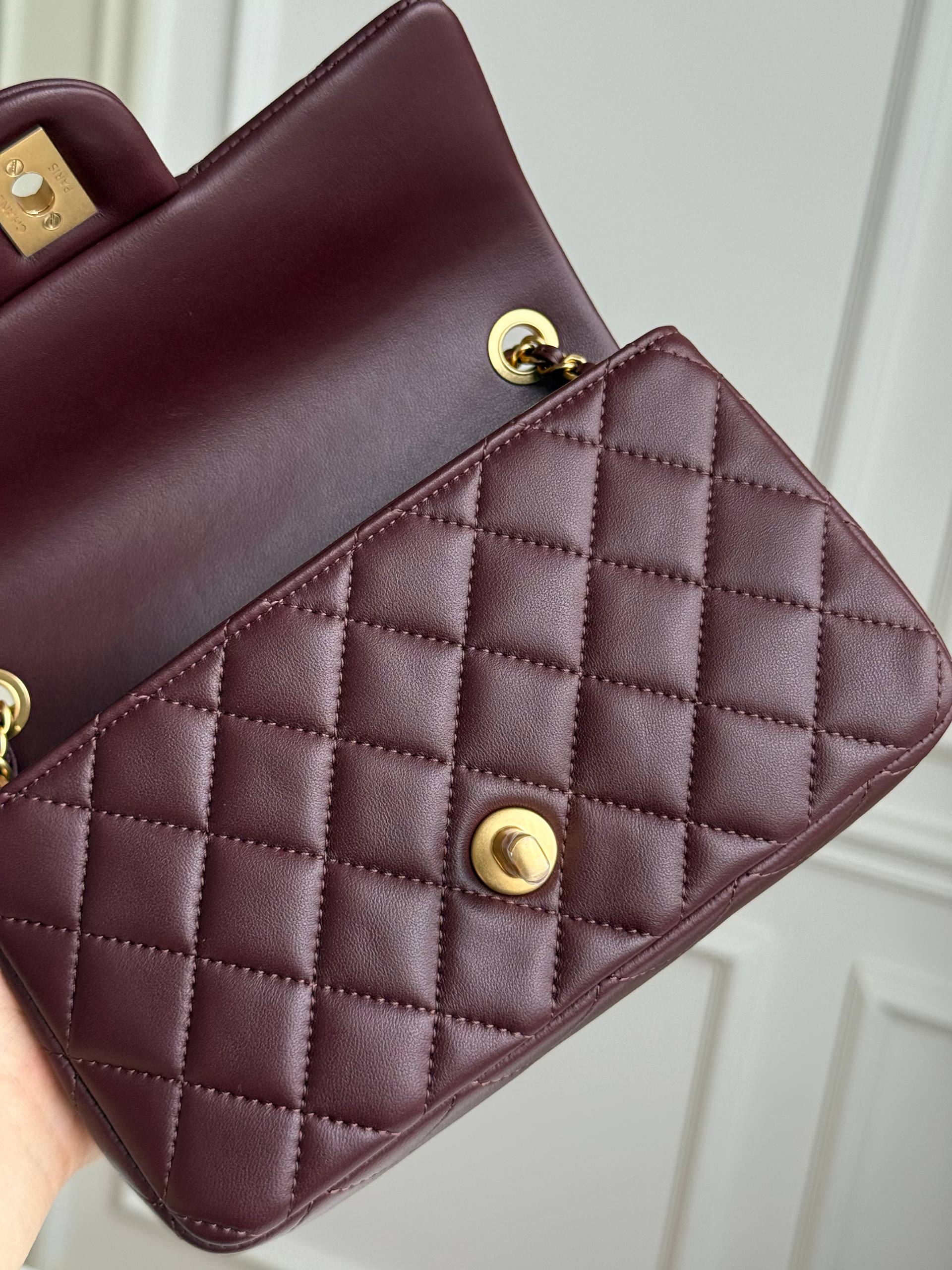Chanel Mini Classic Flap Burgundy Lambskin Crossbody Bag