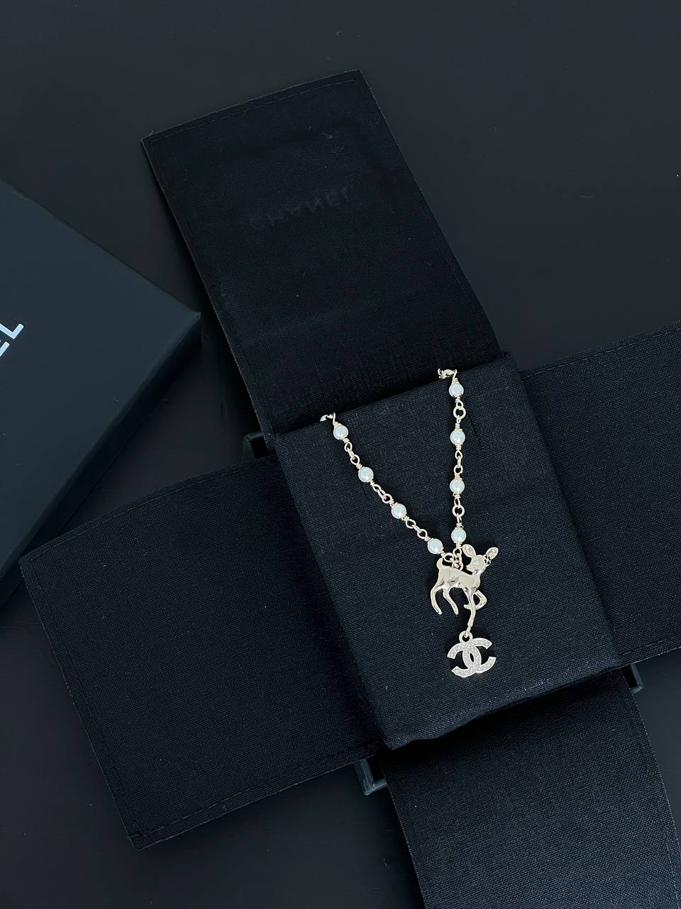 Chanel Light Gold Pearl Chain Bambi Crystal Interlocking CC Pendant Necklace
