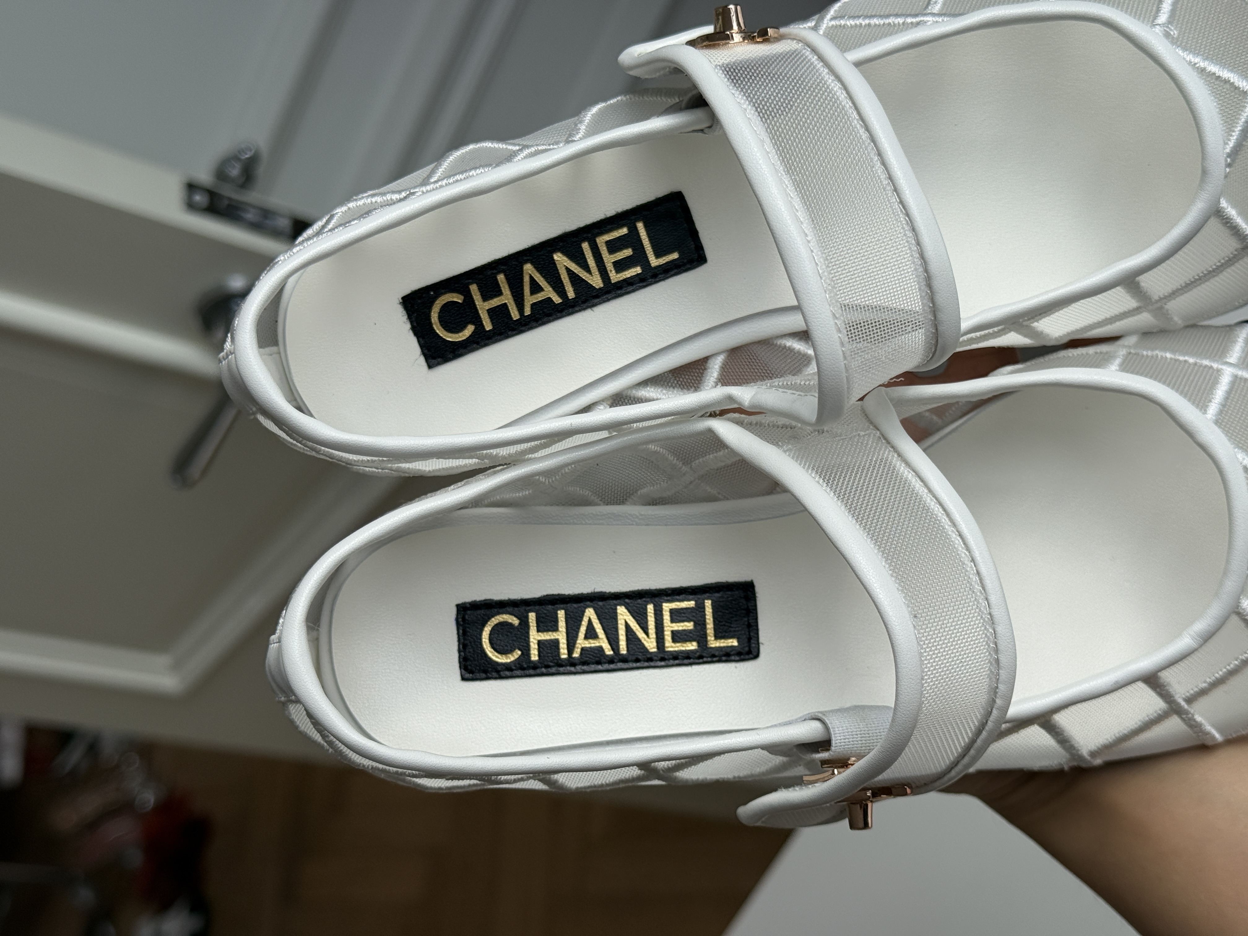 Chanel White Mesh & Black Leather Mary Jane Flat Shoes