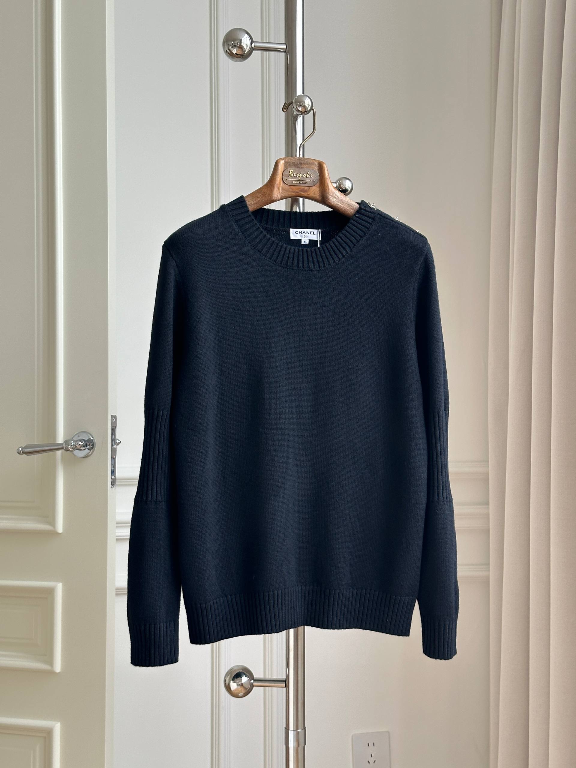 Chanel Black Crew Neck Shoulder Button Wool Knit Sweater